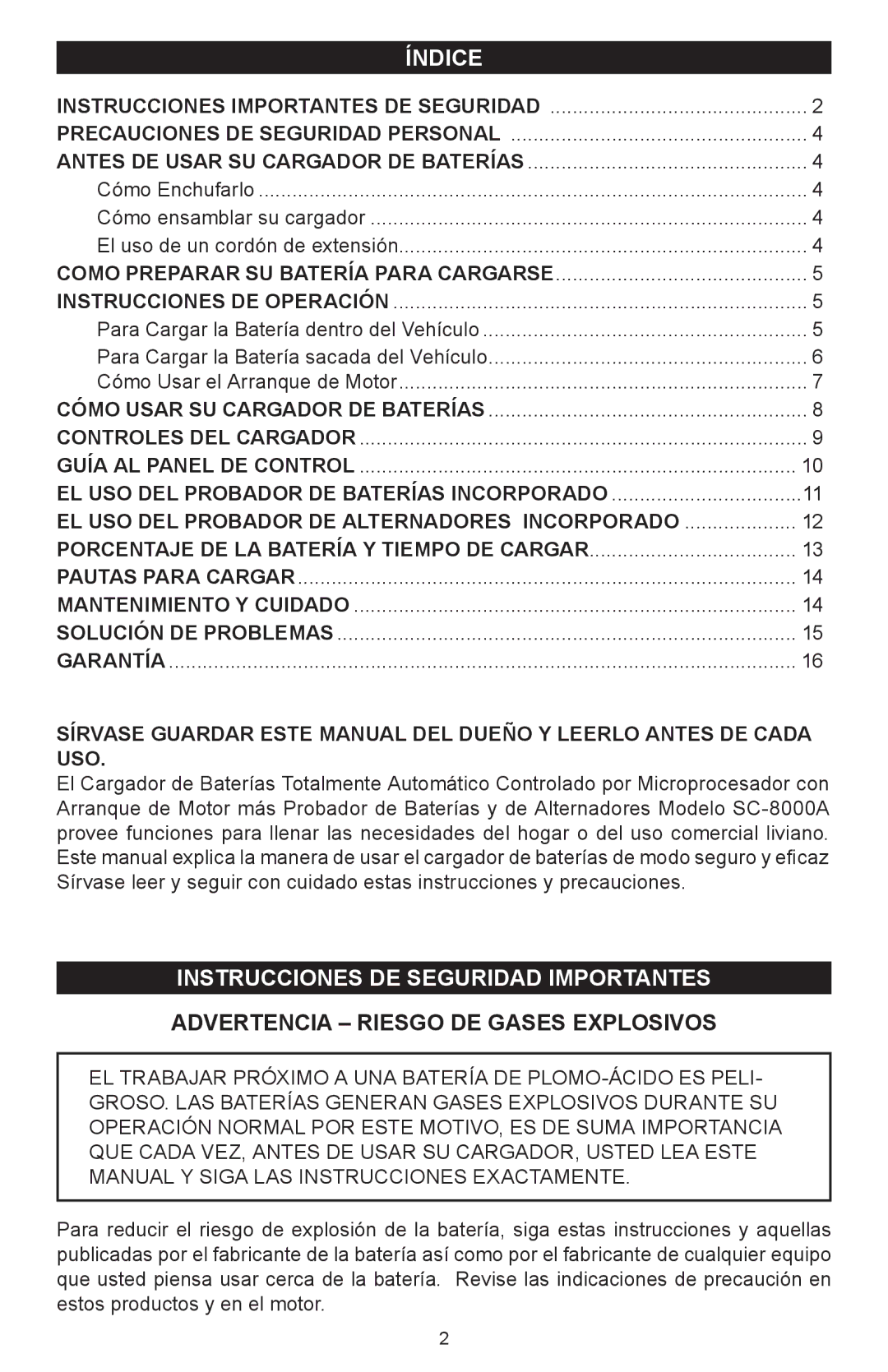 Schumacher SC-8000A owner manual Índice, Instrucciones de Seguridad Importantes 