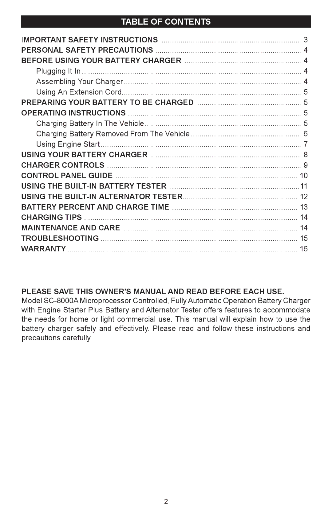 Schumacher SC-8000A owner manual Table of Contents 