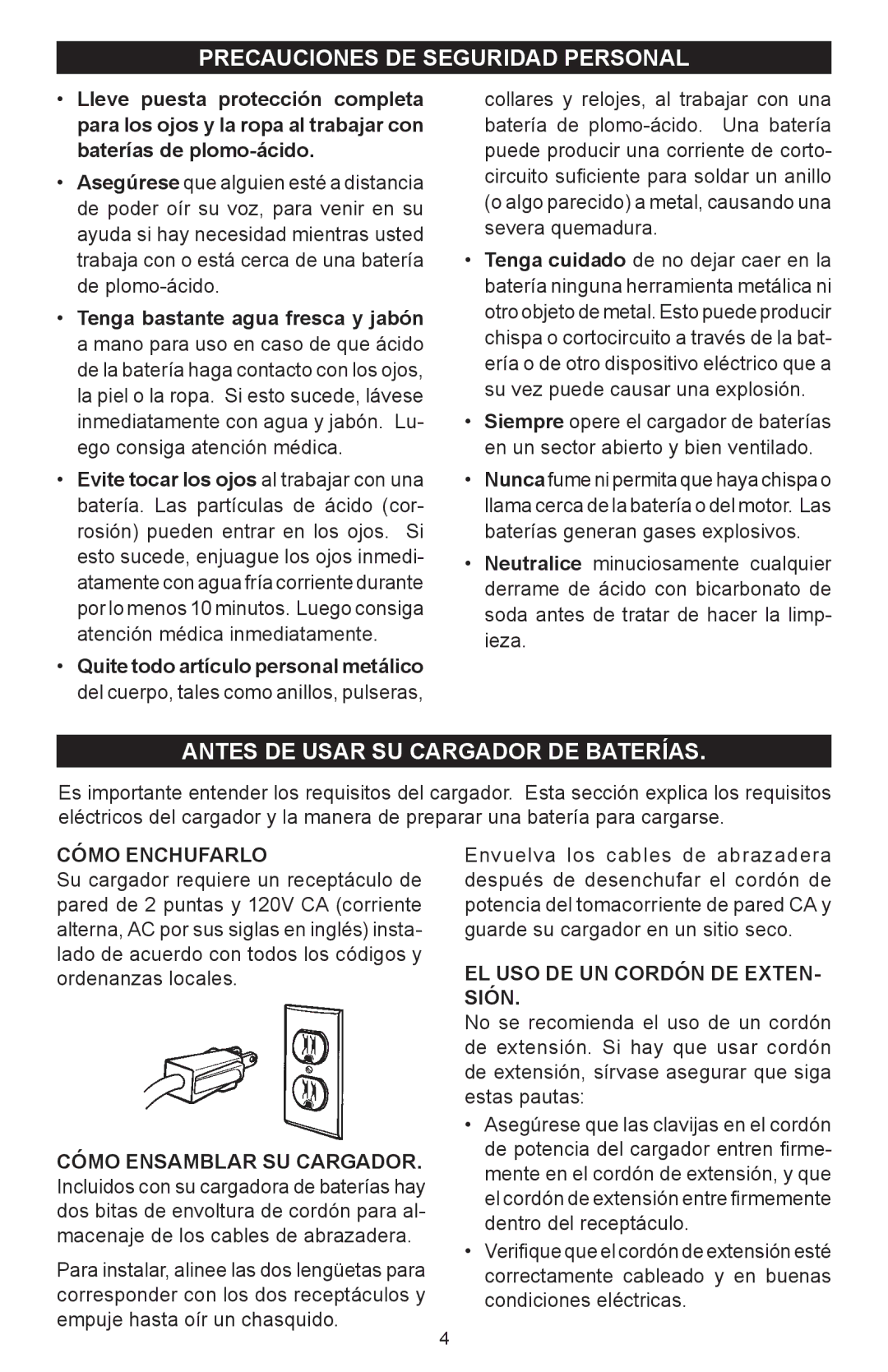 Schumacher SC-8000A owner manual Precauciones DE Seguridad Personal, Antes DE Usar SU Cargador DE Baterías, Cómo Enchufarlo 