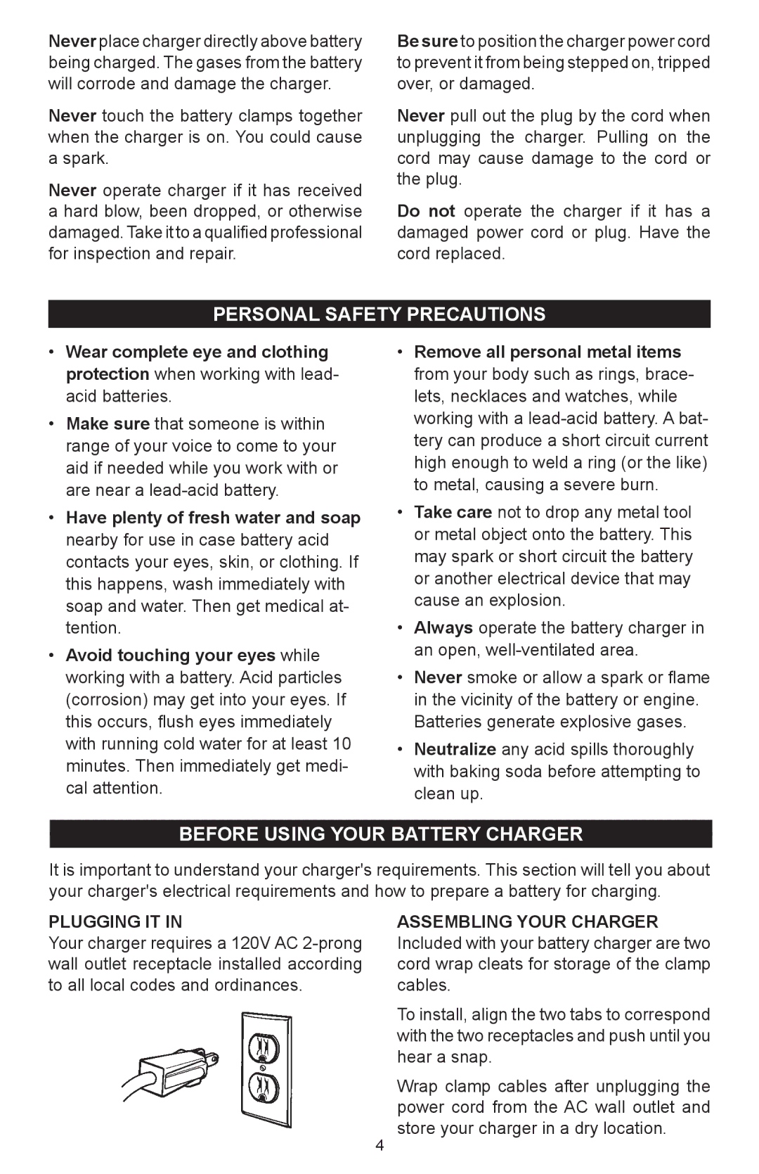 Schumacher SC-8000A owner manual Personal Safety Precautions, Before Using Your Battery Charger, Plugging IT 