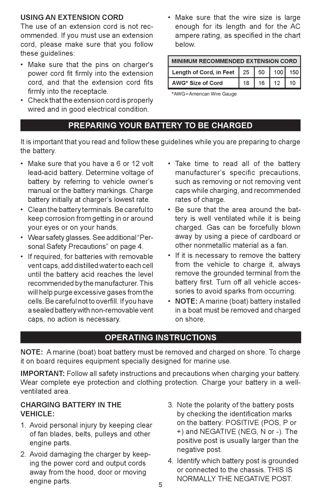 Schumacher SC-8000A owner manual Preparing your battery to be charged, Operating instructions, Using an extension cord 