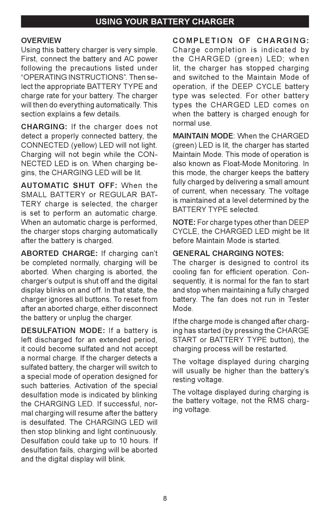 Schumacher SC-8000A owner manual Using your battery charger, Overview, General Charging Notes 