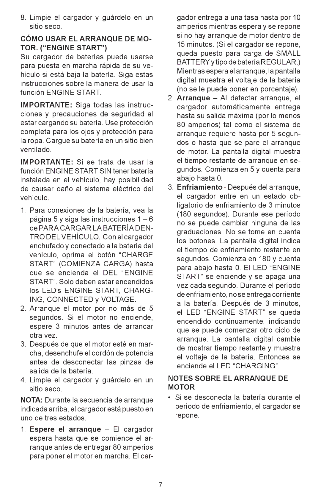 Schumacher SC-8010A owner manual Cómo Usar EL Arranque DE MO- TOR. Engine Start 