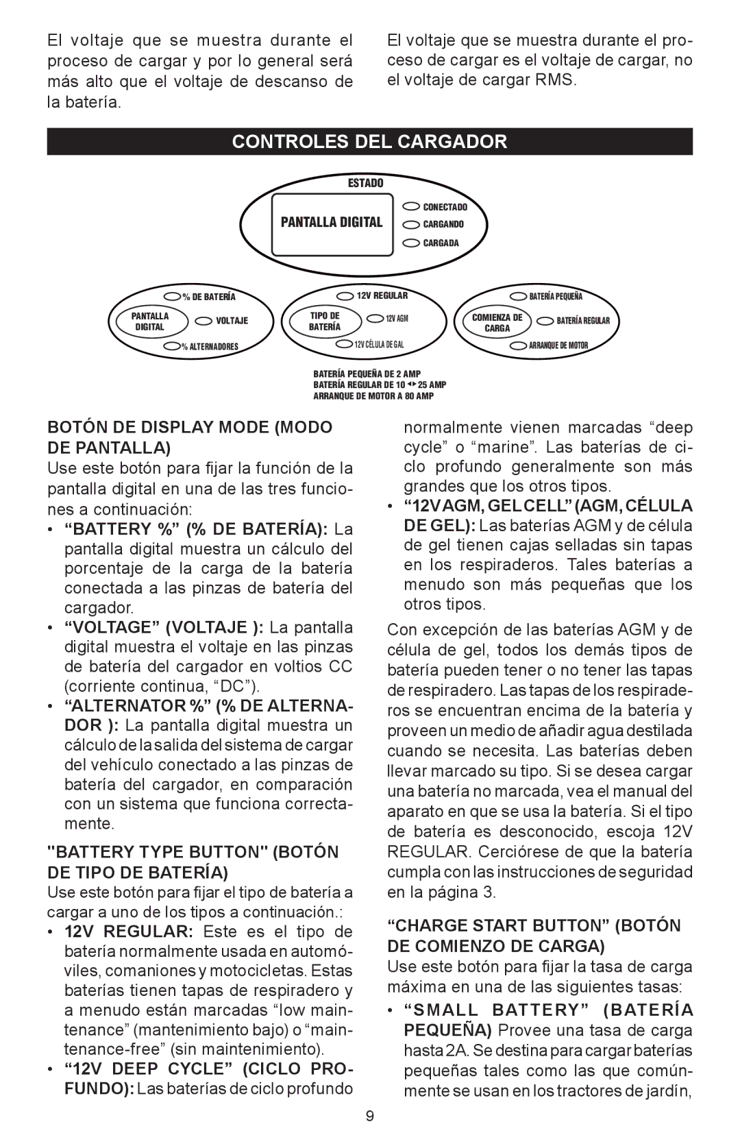 Schumacher SC-8010A owner manual Controles DEL Cargador, Botón DE Display Mode Modo DE Pantalla 