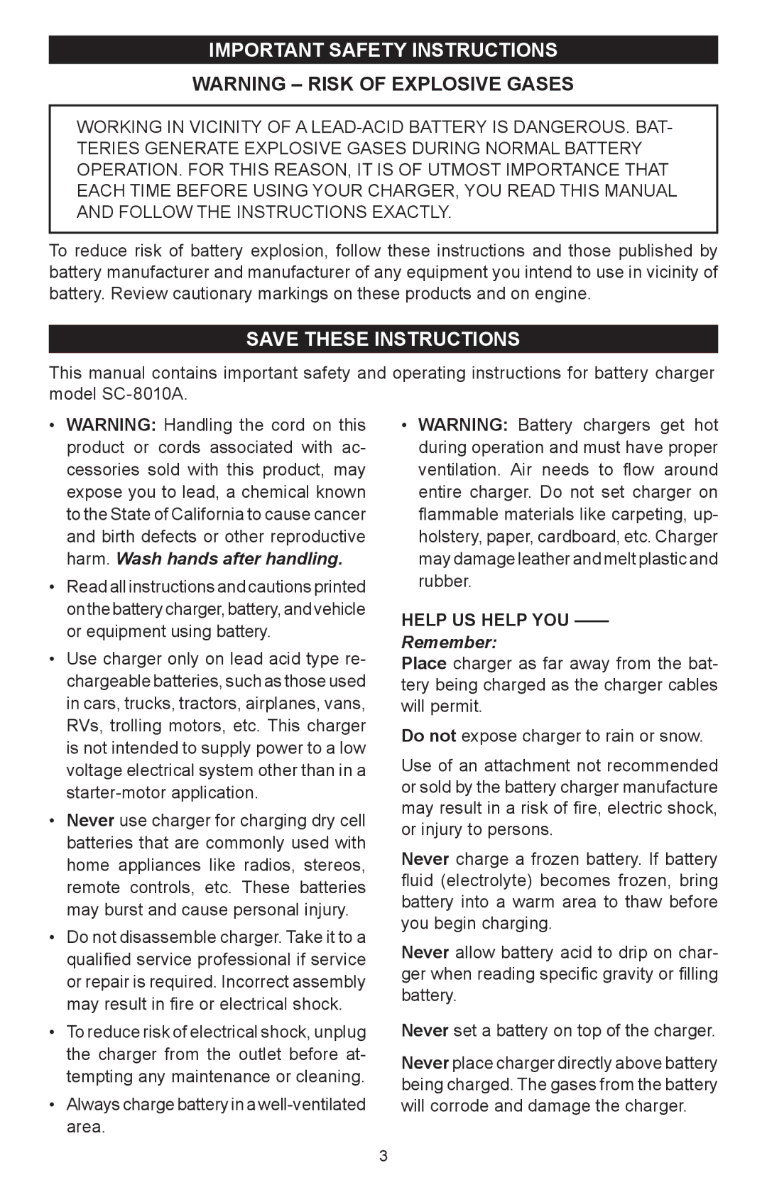 Schumacher SC-8010A owner manual Important Safety Instructions, Help us help you 