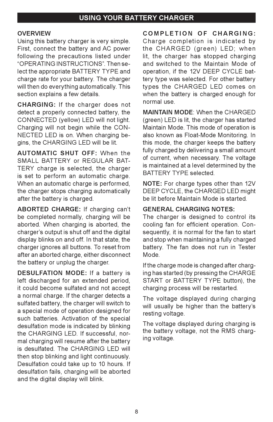 Schumacher SC-8010A owner manual Using your battery charger, Overview, General Charging Notes 