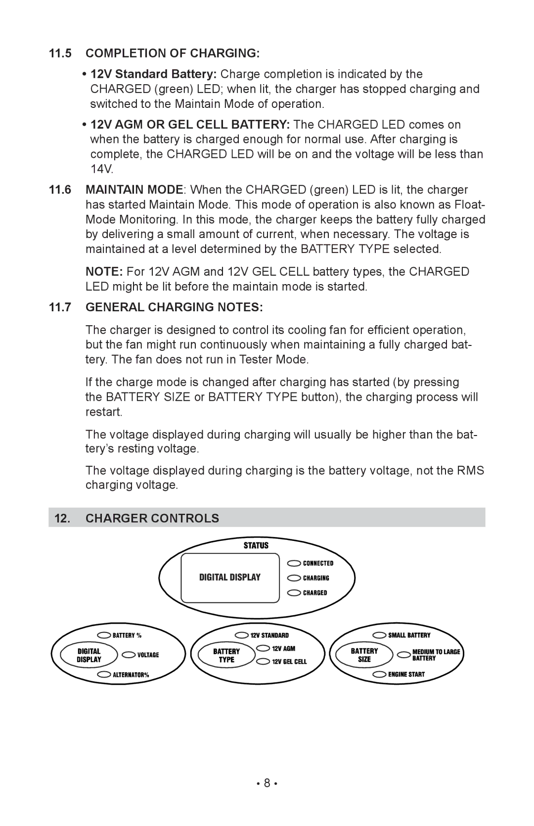 Schumacher SC-8020A owner manual Completion of Charging, General Charging Notes, Charger controls 