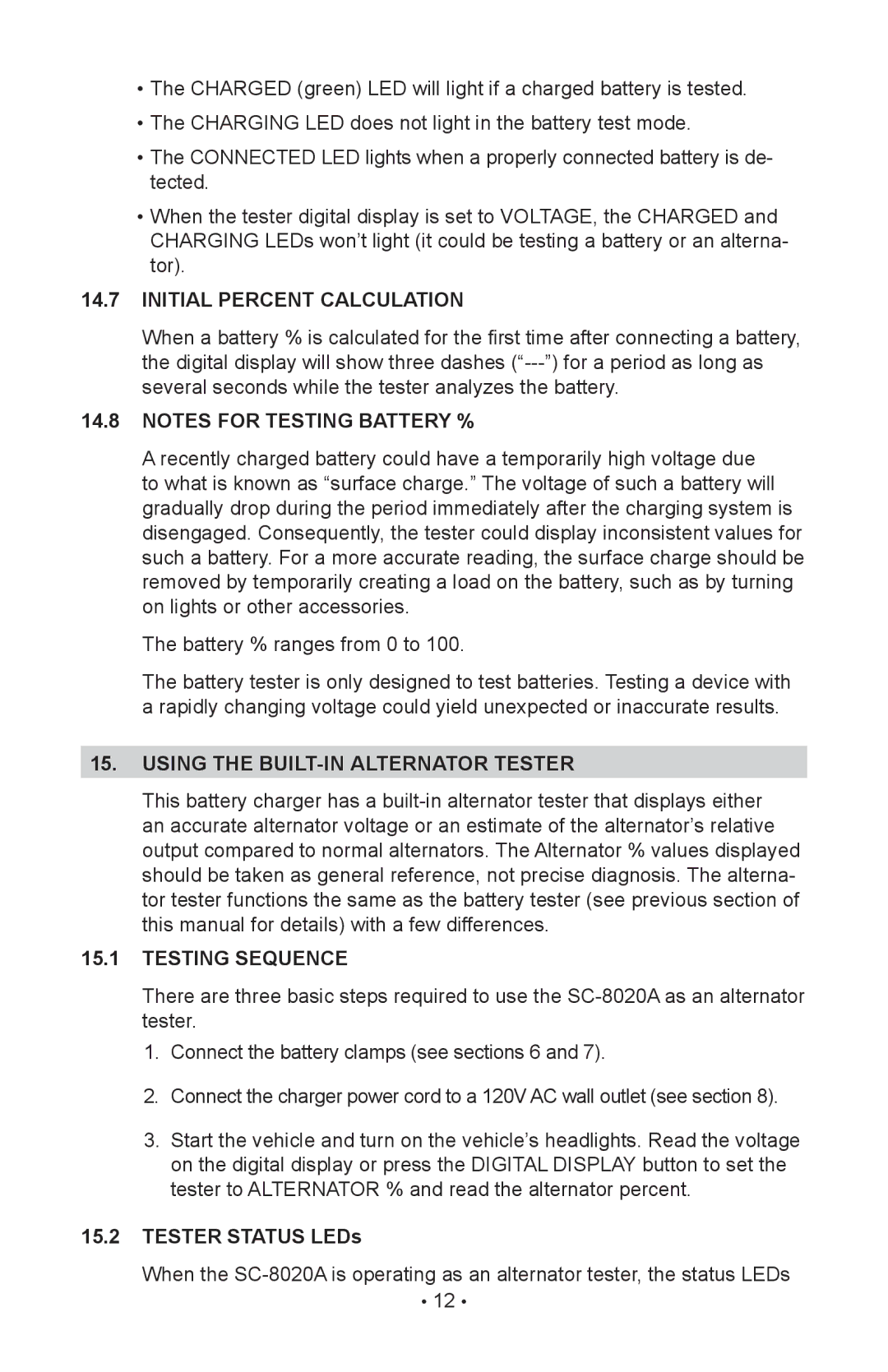 Schumacher SC-8020A owner manual Initial Percent Calculation, Using the built-in alternator tester 