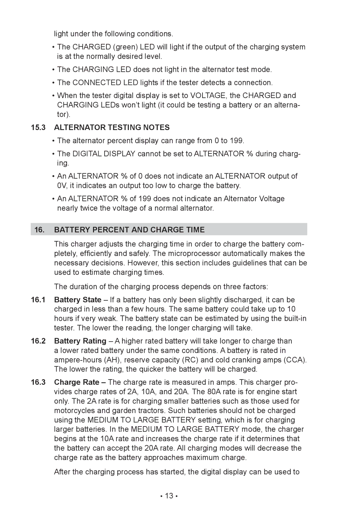 Schumacher SC-8020A owner manual Alternator Testing Notes, Battery percent and charge time 