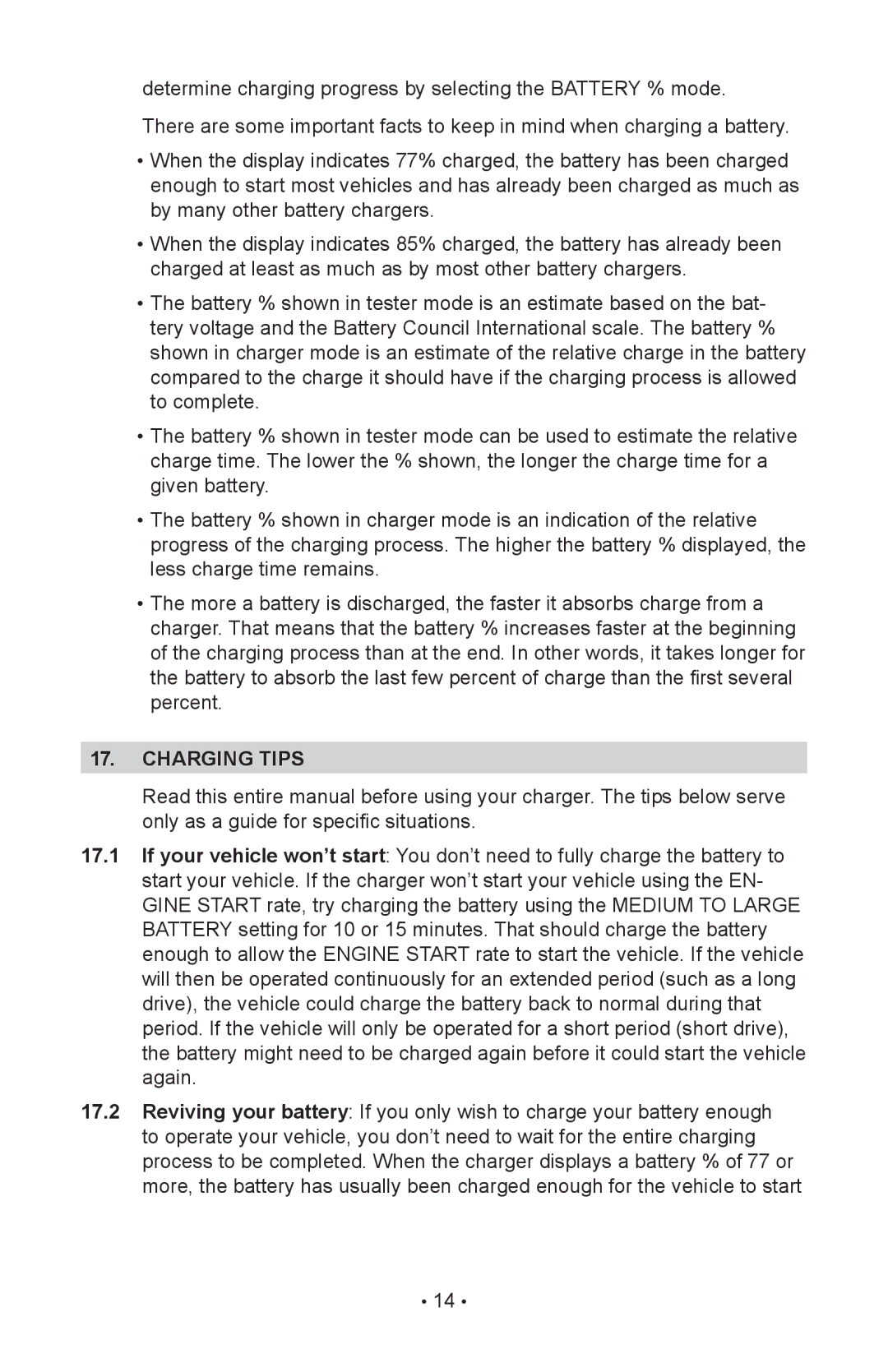 Schumacher SC-8020A owner manual Charging tips 