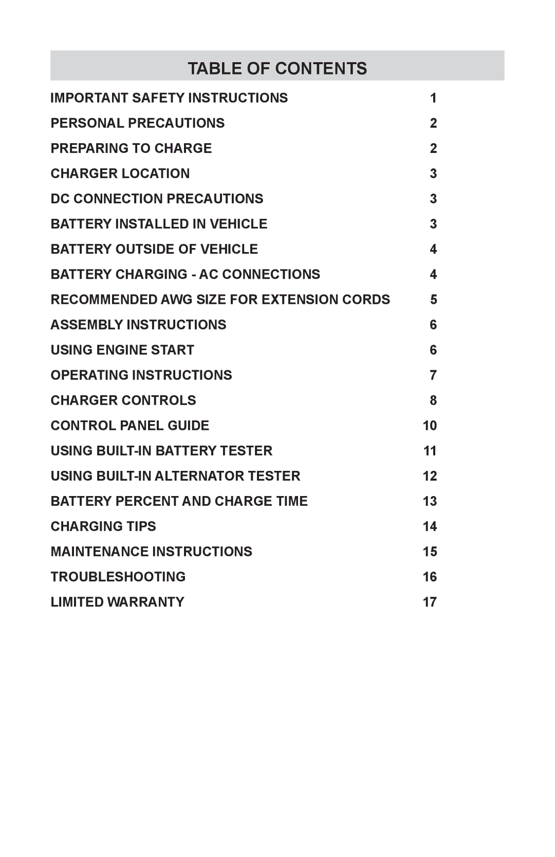 Schumacher SC-8020A owner manual Table of contents 