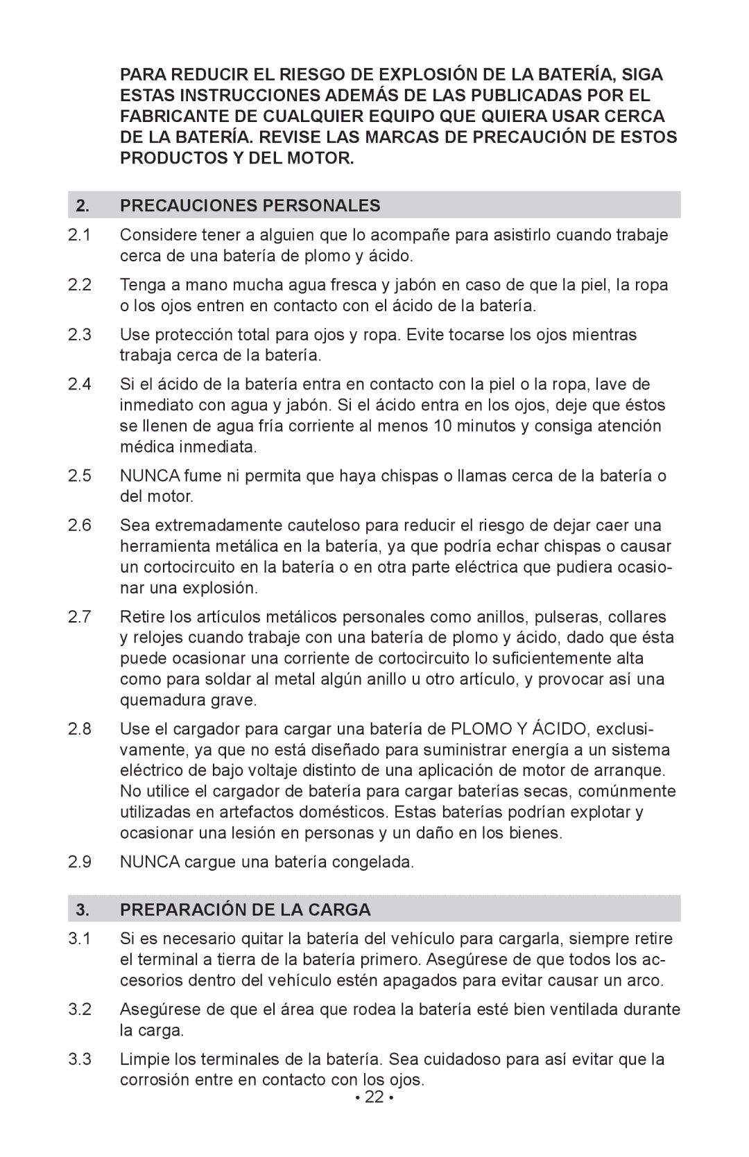 Schumacher SC-8020A owner manual Precauciones Personales, PREPARación de la carga 