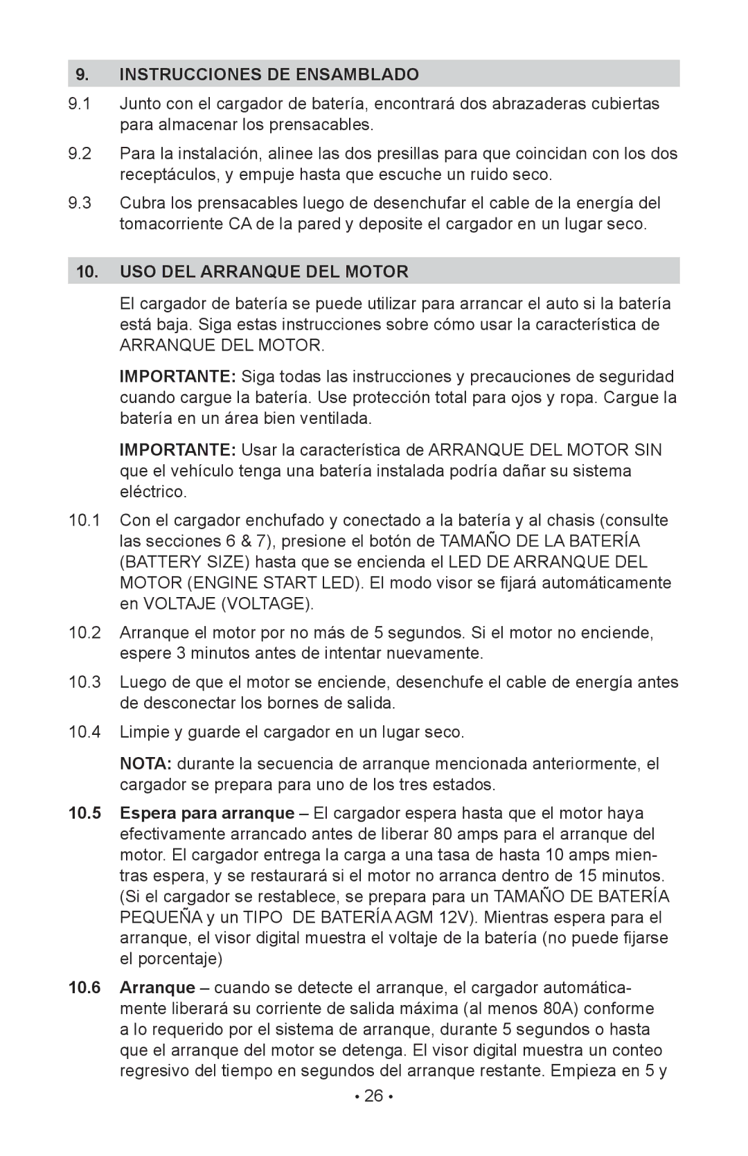 Schumacher SC-8020A owner manual Instrucciones DE Ensamblado, USO DEL Arranque DEL Motor 