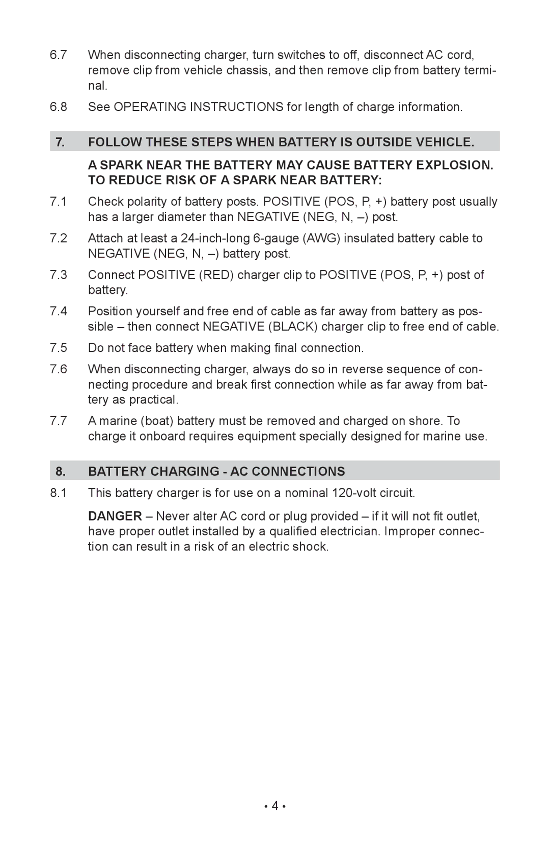 Schumacher SC-8020A owner manual Battery charging ac connections 