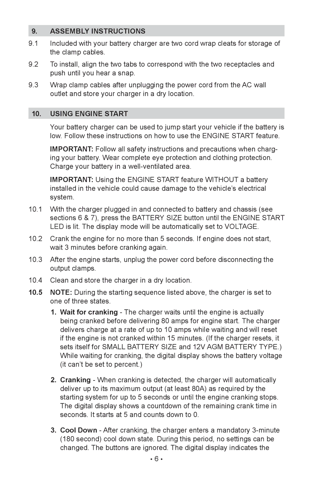 Schumacher SC-8020A owner manual Assembly instructions, Using engine start 