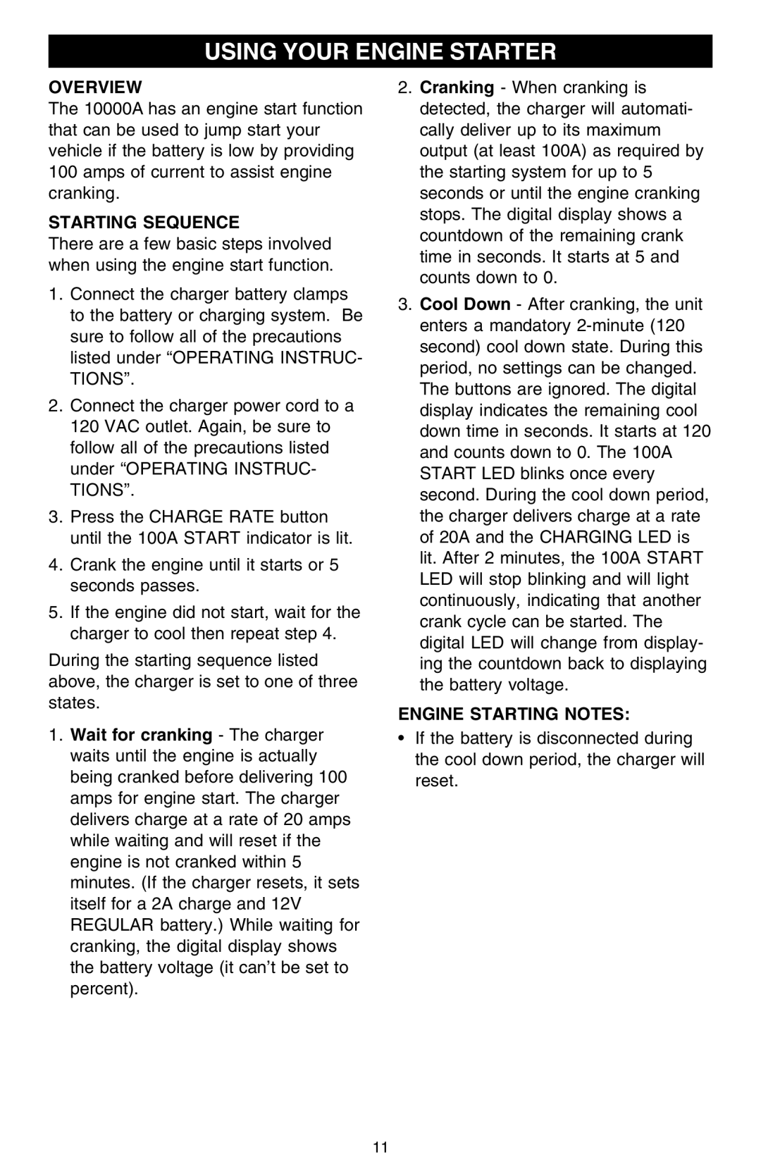 Schumacher SCF-10000A owner manual Using Your Engine Starter, Starting Sequence, Engine Starting Notes 