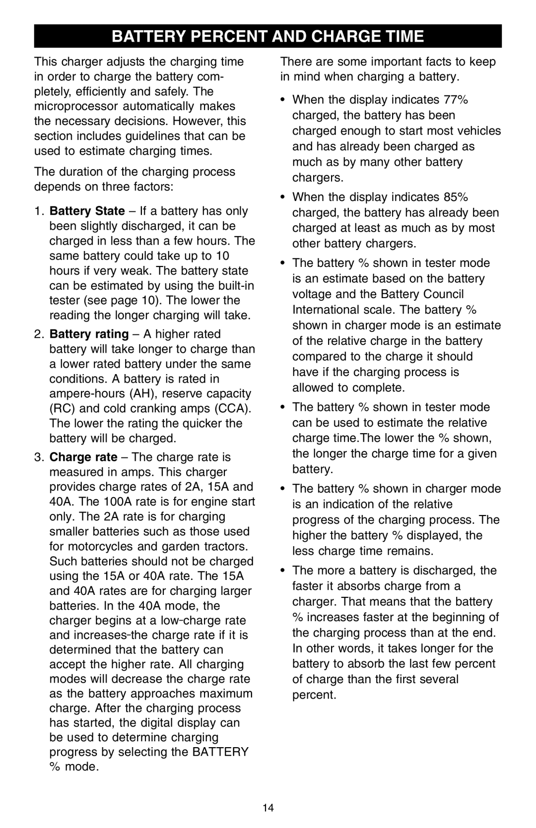 Schumacher SCF-10000A owner manual Battery Percent and Charge Time 