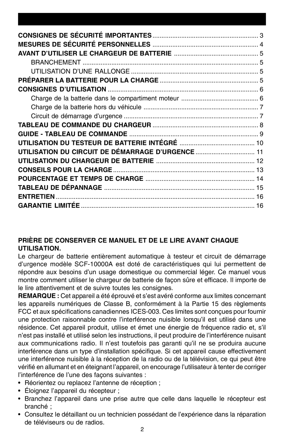 Schumacher SCF-10000A owner manual Table DES Matières 