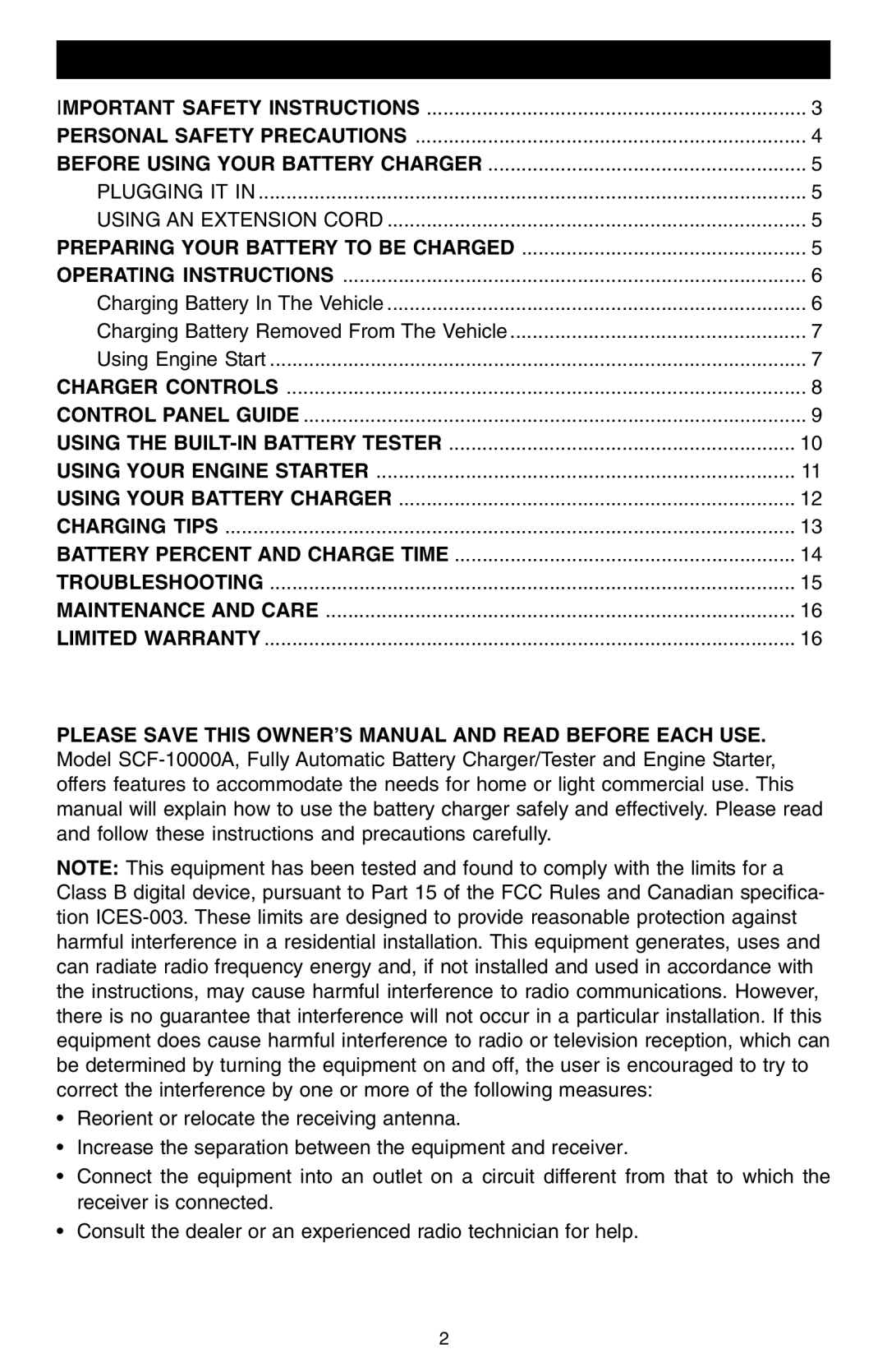 Schumacher SCF-10000A owner manual Table of Contents 