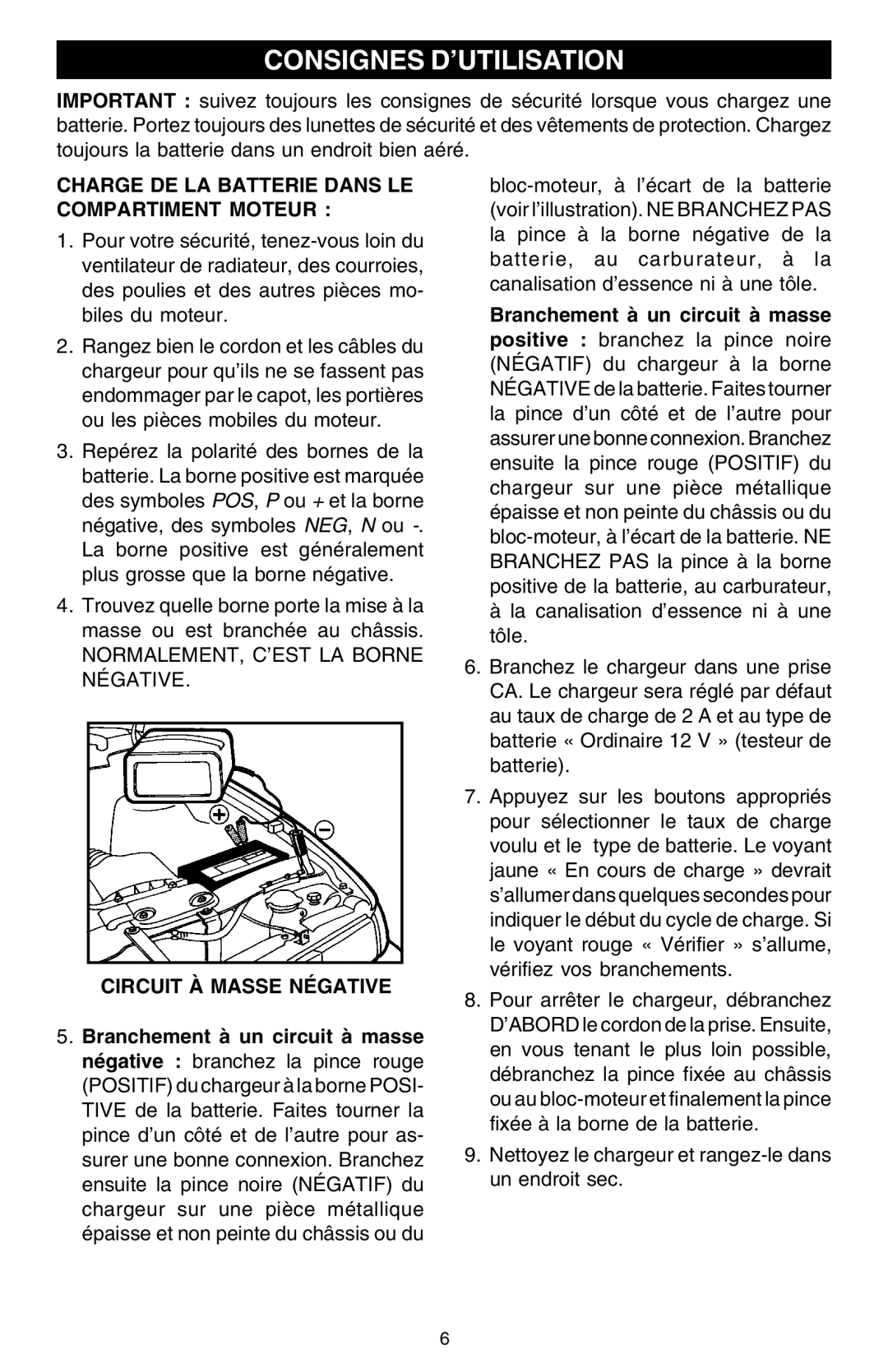 Schumacher SCF-10000A Consignes D’UTILISATION, Charge DE LA Batterie Dans LE Compartiment Moteur, Circuit À Masse Négative 