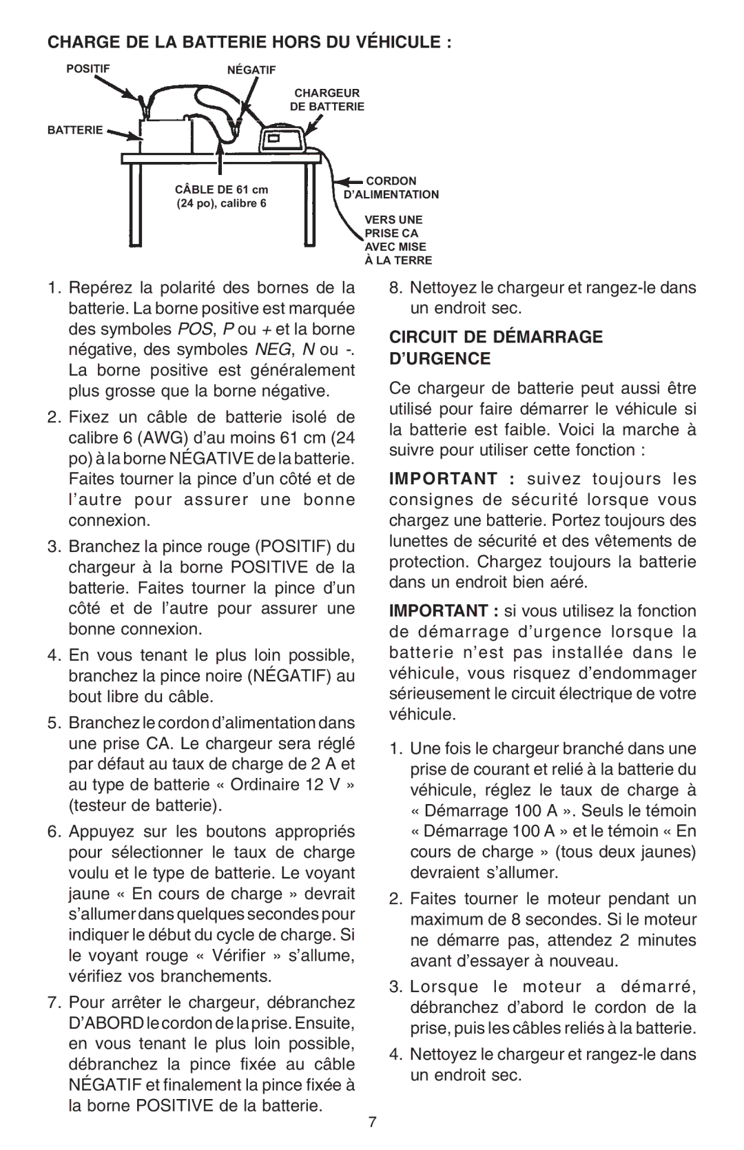 Schumacher SCF-10000A owner manual Charge DE LA Batterie Hors DU Véhicule, Circuit DE Démarrage ’URGENCE 