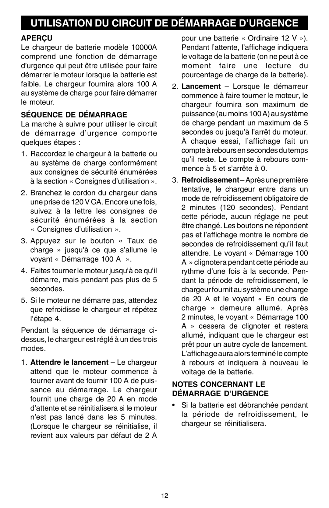 Schumacher SCF-10000A owner manual Utilisation DU Circuit DE Démarrage D’URGENCE, Séquence DE Démarrage 