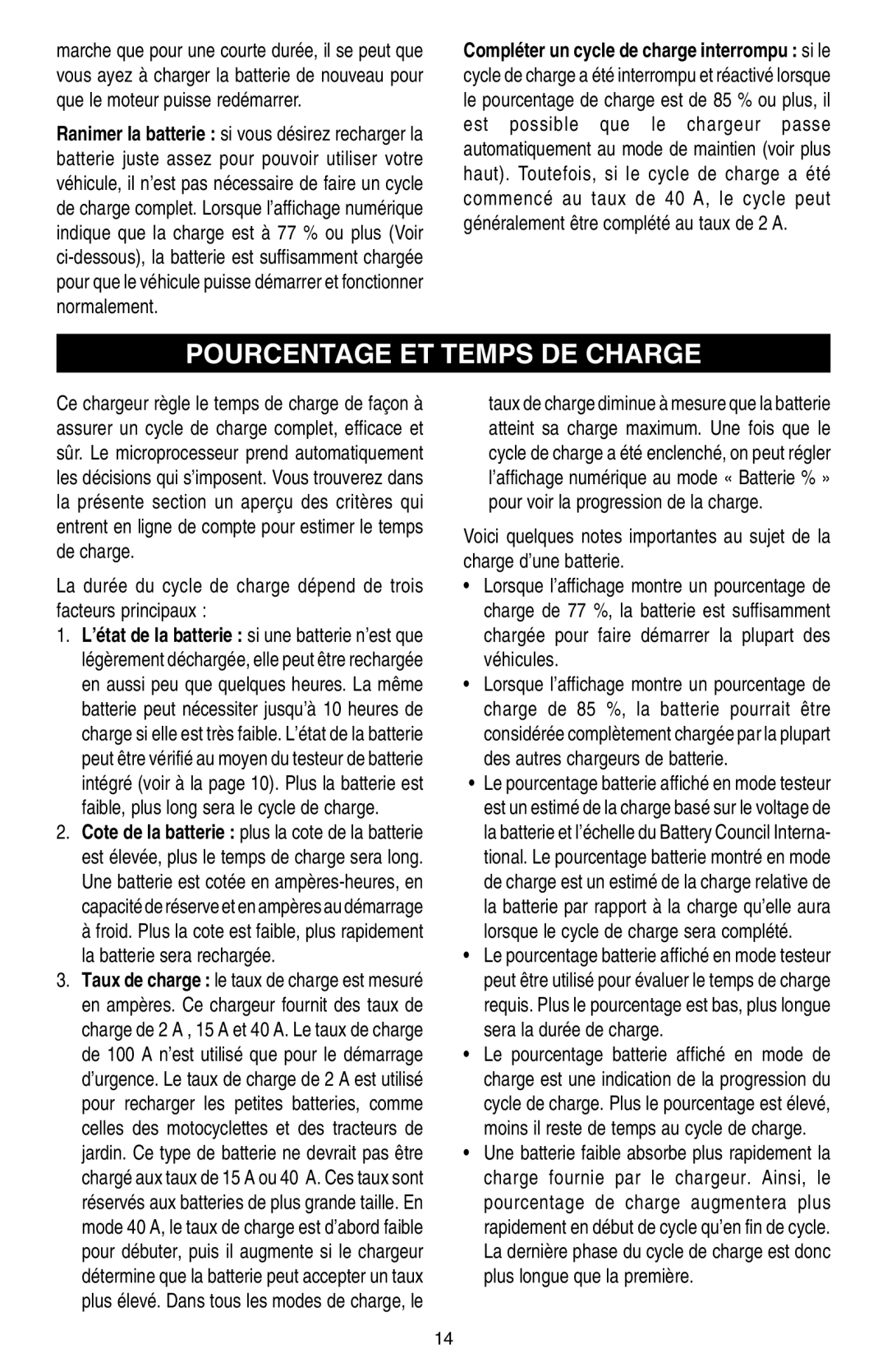 Schumacher SCF-10000A owner manual Pourcentage ET Temps DE Charge, Compléter un cycle de charge interrompu si le 