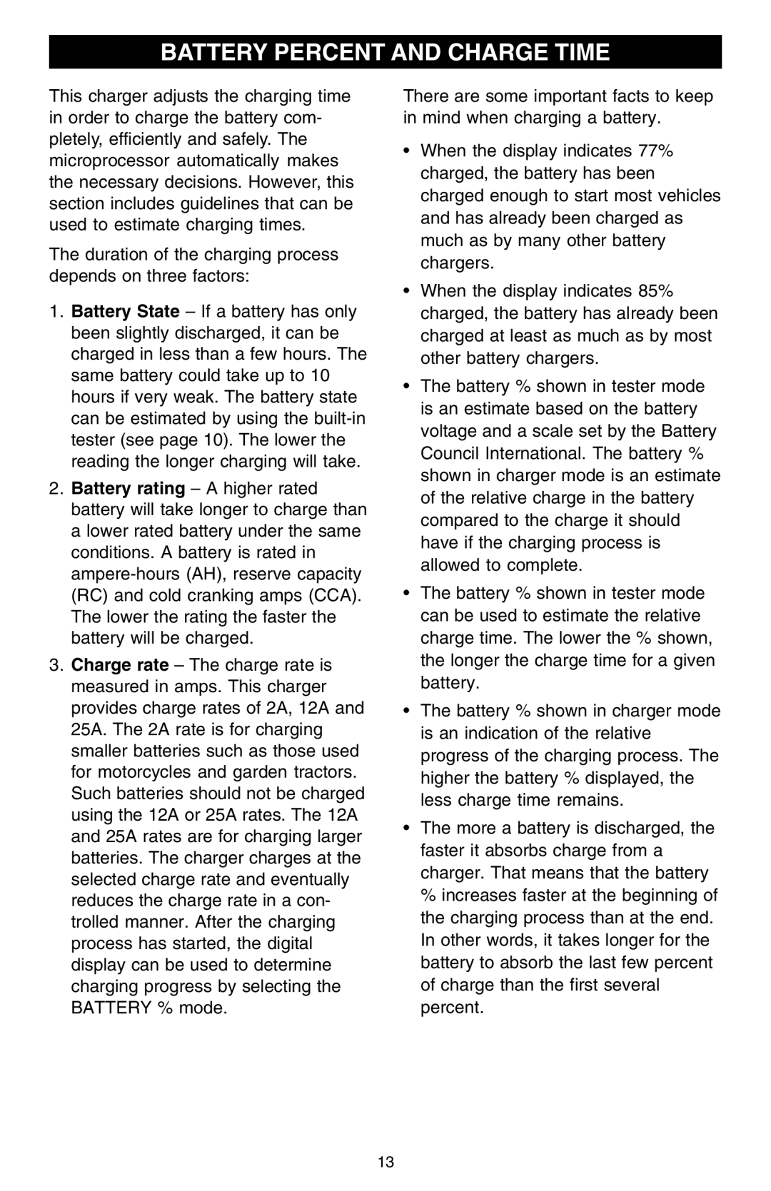 Schumacher SCF-2500A owner manual Battery Percent and Charge Time 