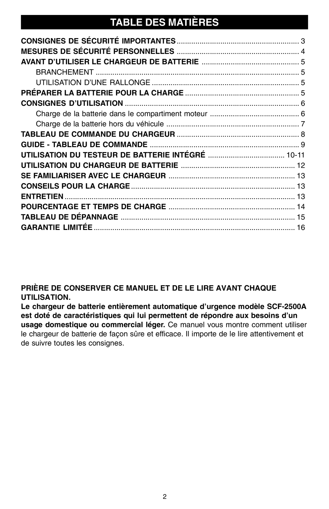 Schumacher SCF-2500A owner manual Table DES Matières, Utilisation DU Testeur DE Batterie Intégré 