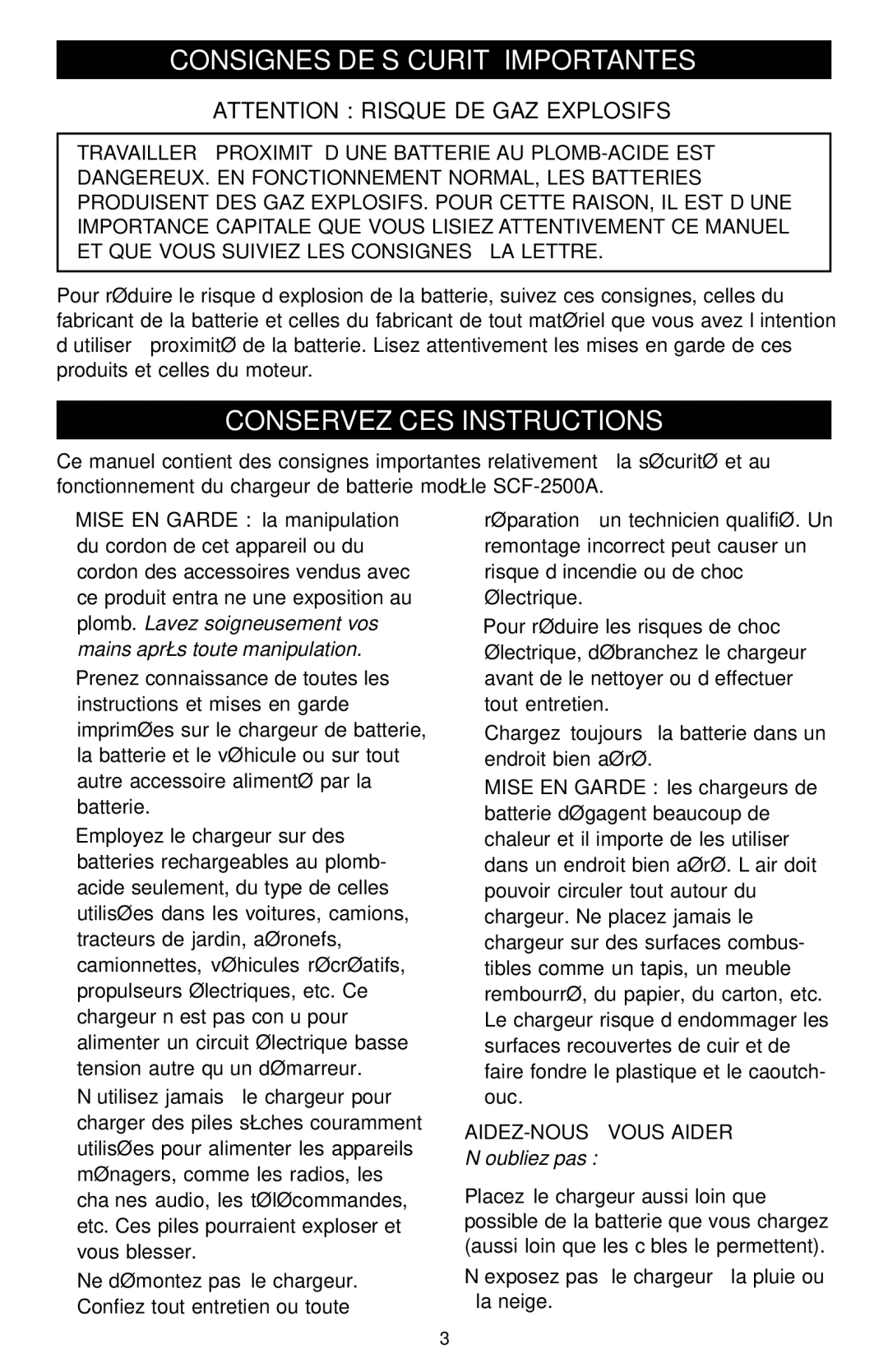 Schumacher SCF-2500A Consignes DE Sécurité Importantes, Conservez CES Instructions, AIDEZ-NOUS À Vous Aider N’oubliez pas 