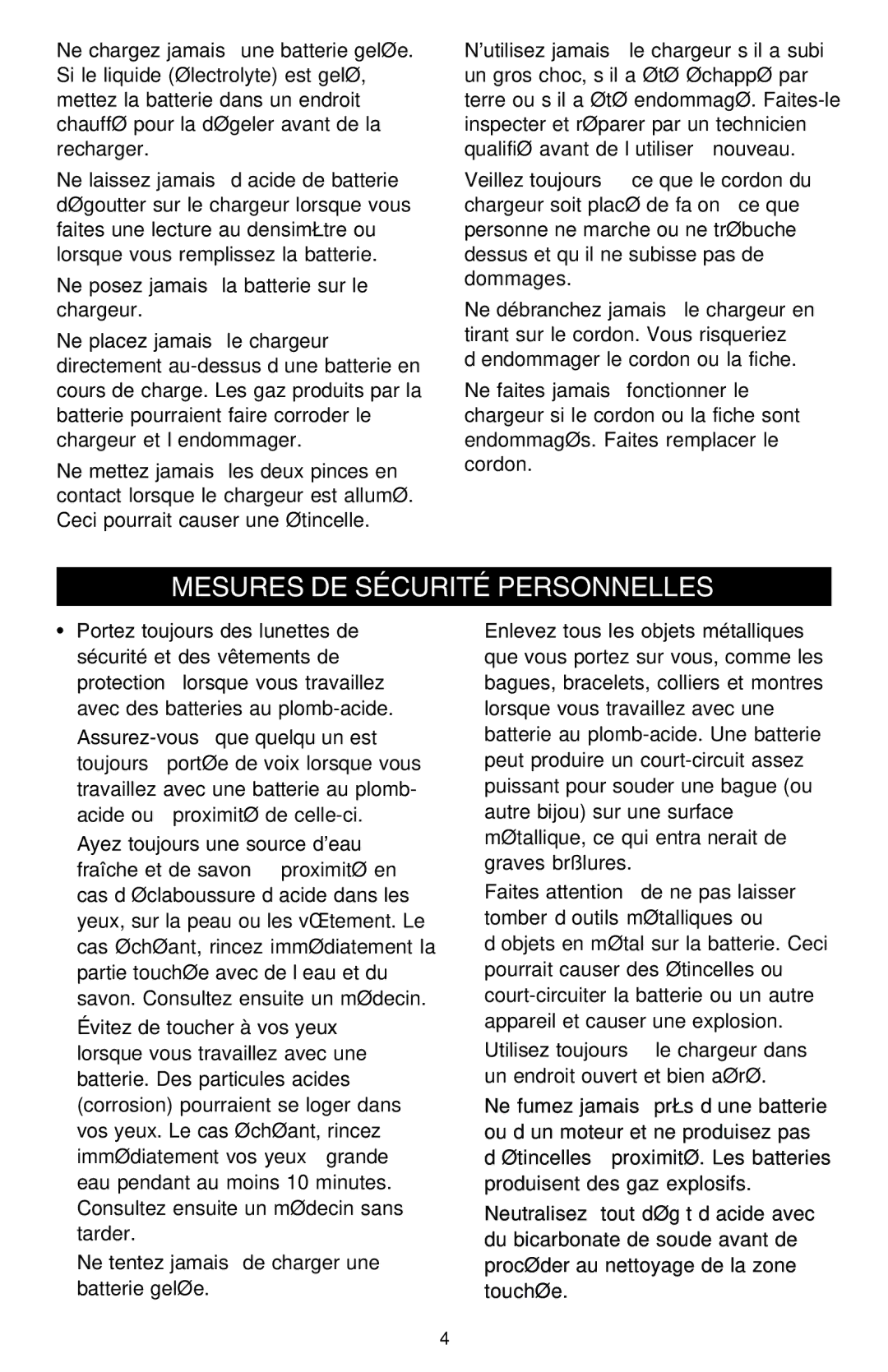 Schumacher SCF-2500A owner manual Mesures DE Sécurité Personnelles 