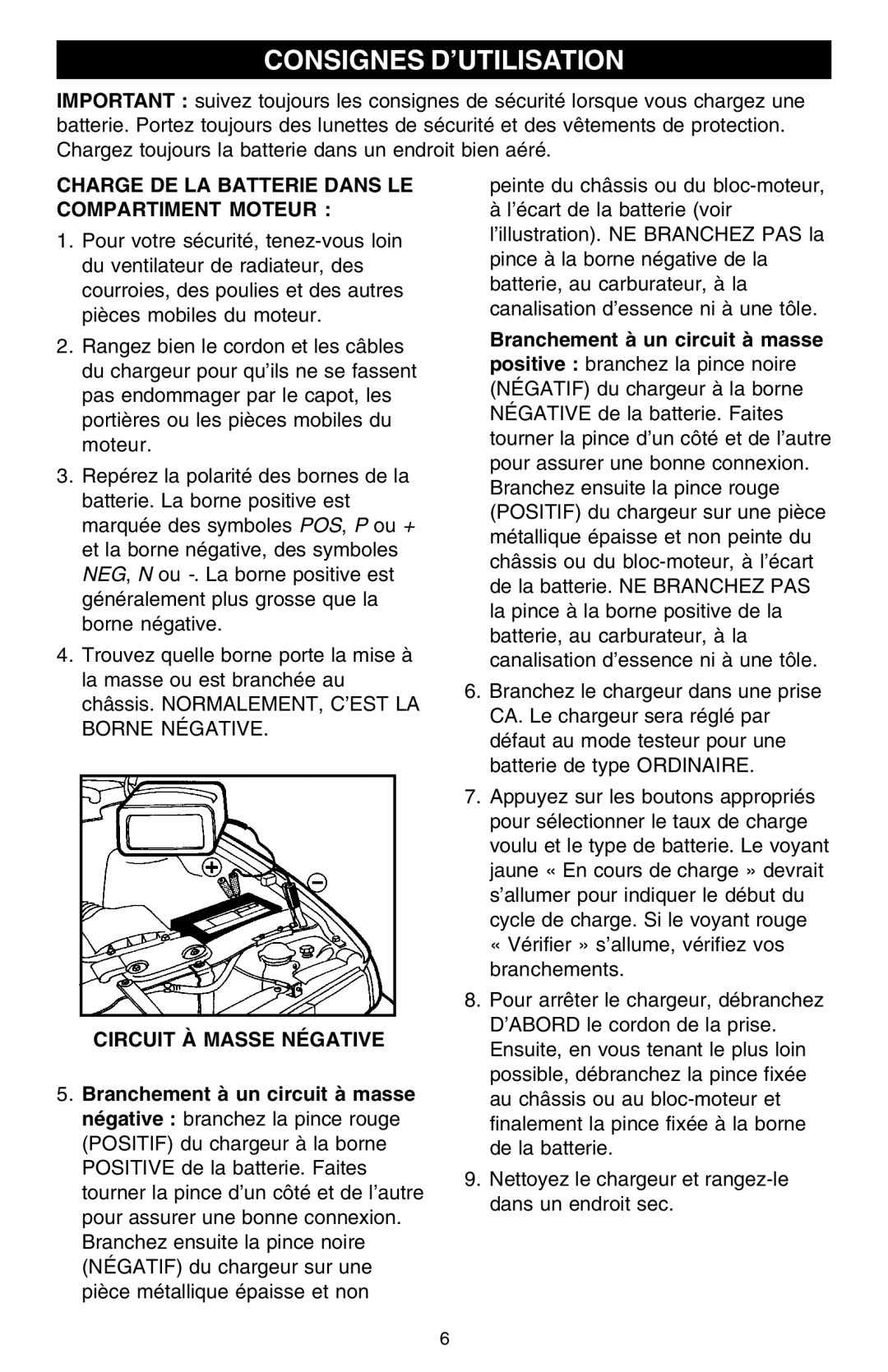 Schumacher SCF-2500A Consignes D’UTILISATION, Charge DE LA Batterie Dans LE Compartiment Moteur, Circuit À Masse Négative 