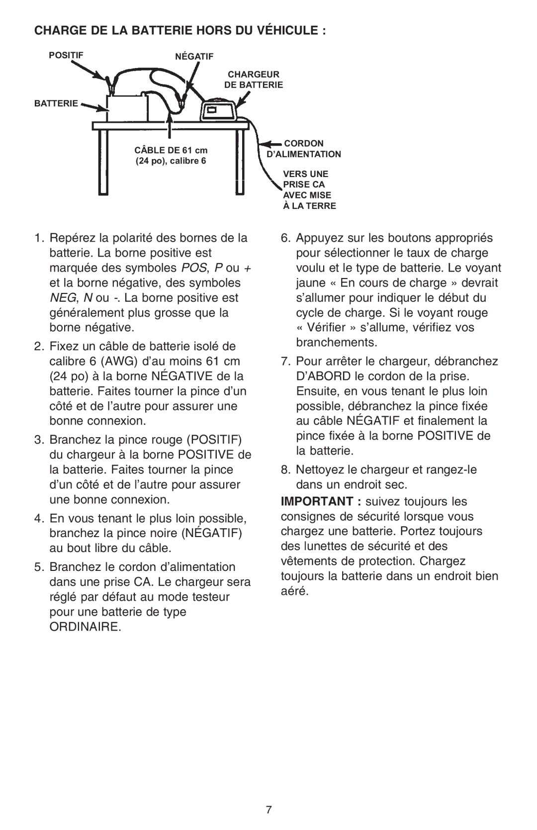 Schumacher SCF-2500A owner manual Charge DE LA Batterie Hors DU Véhicule, Ordinaire 