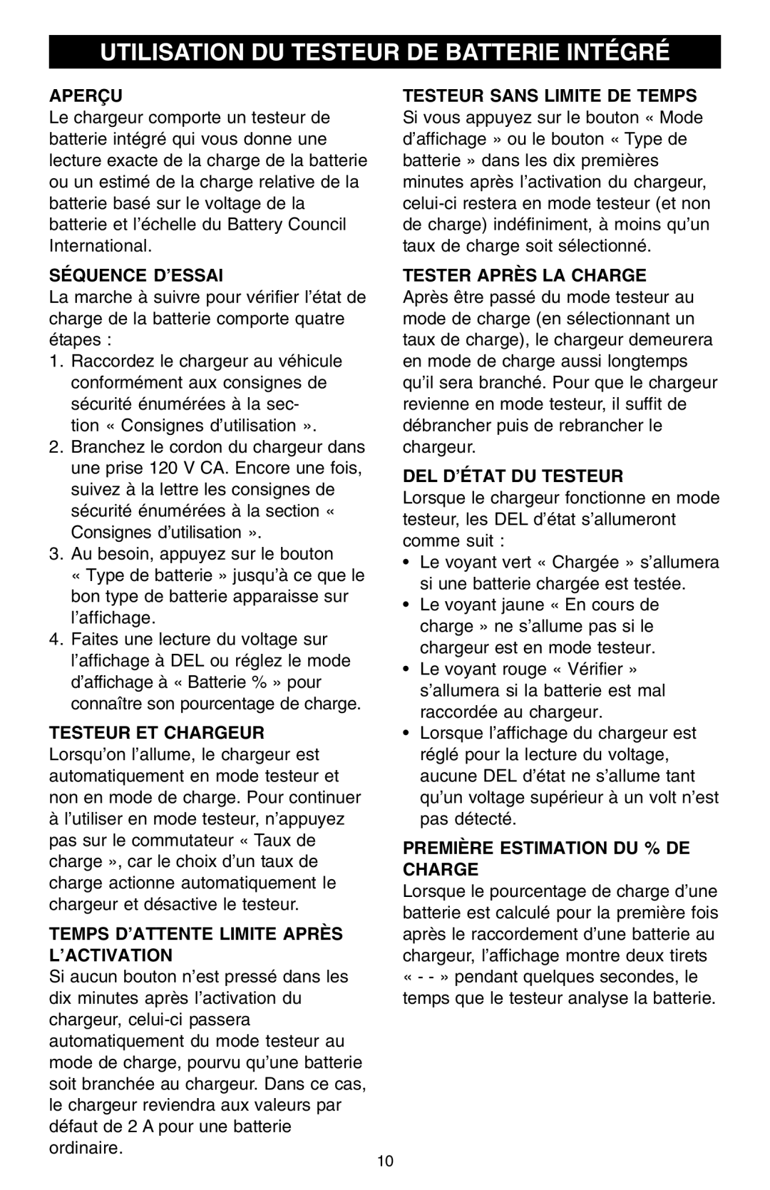 Schumacher SCF-2500A owner manual Utilisation DU Testeur DE Batterie Intégré 