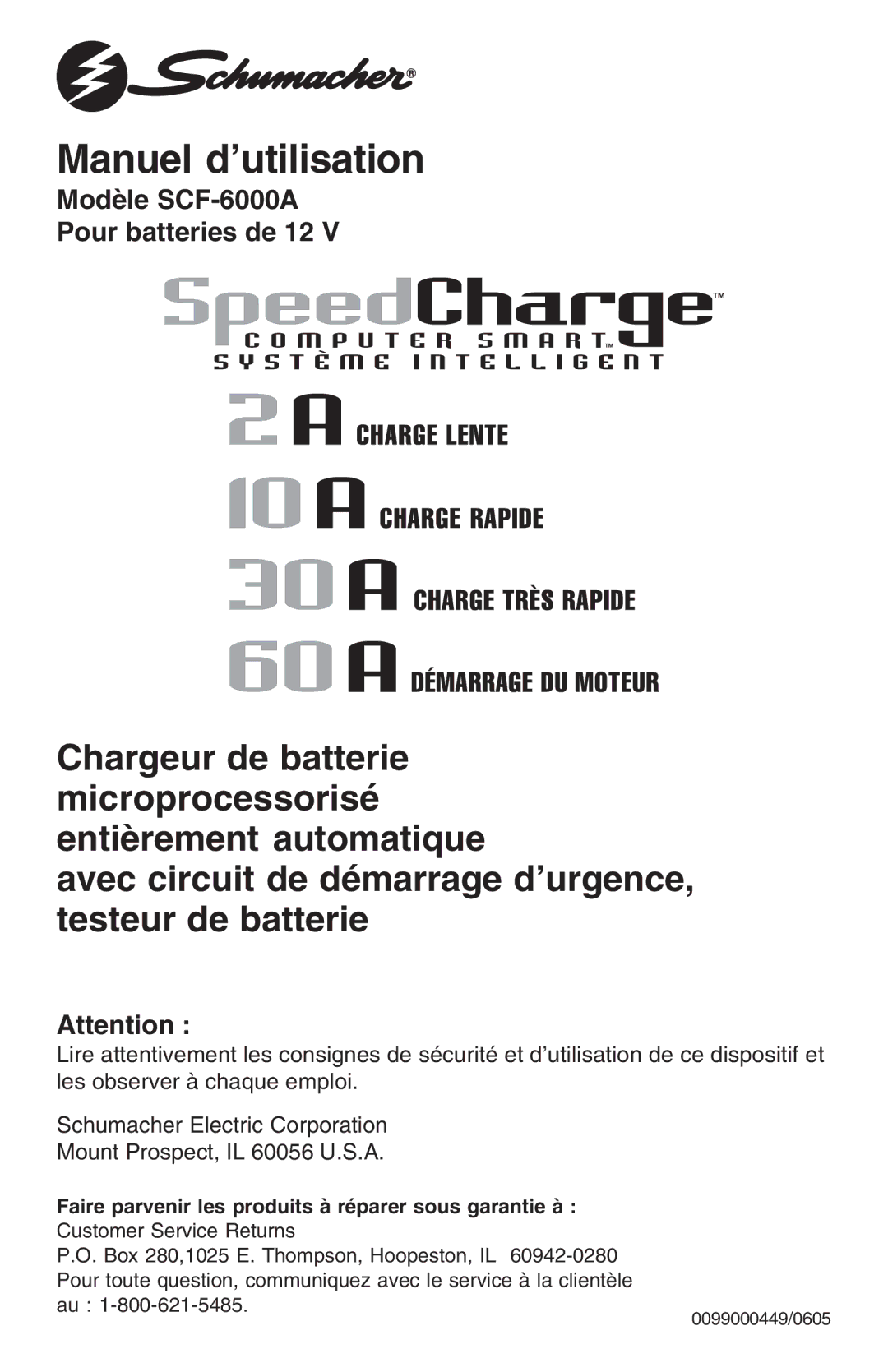 Schumacher SCF-6000A owner manual Manuel d’utilisation, Faire parvenir les produits à réparer sous garantie à 