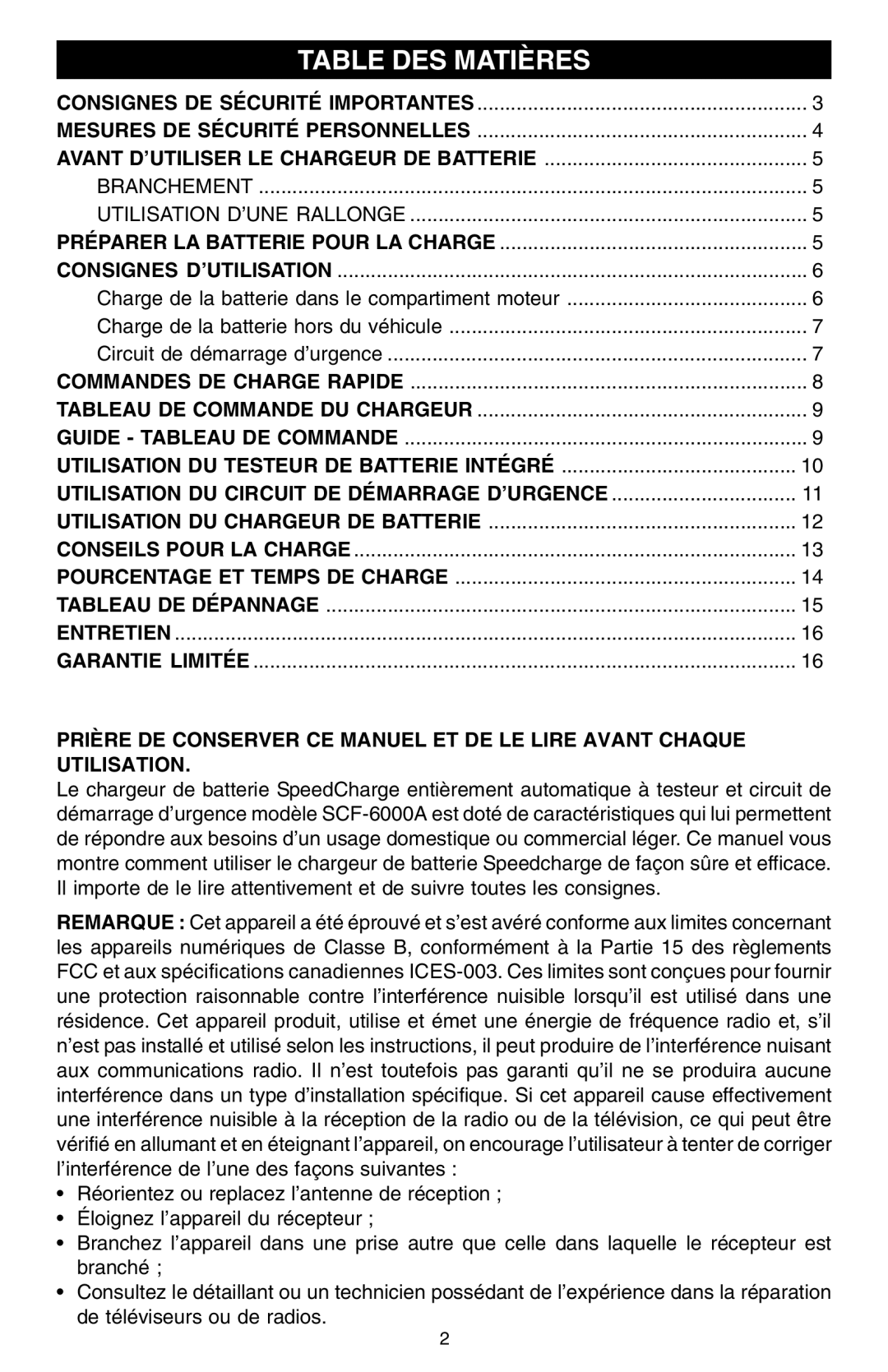 Schumacher SCF-6000A owner manual Table DES Matières 