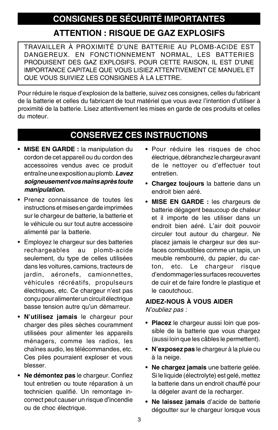 Schumacher SCF-6000A owner manual Consignes DE Sécurité Importantes, Conservez CES Instructions, AIDEZ-NOUS À Vous Aider 