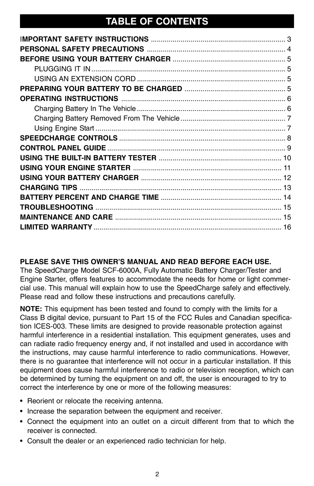 Schumacher SCF-6000A owner manual Table of Contents 