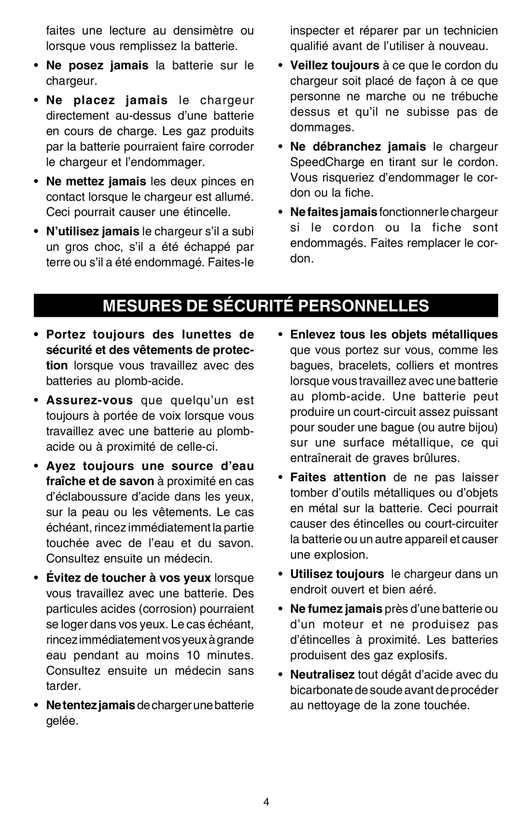 Schumacher SCF-6000A owner manual Mesures DE Sécurité Personnelles 