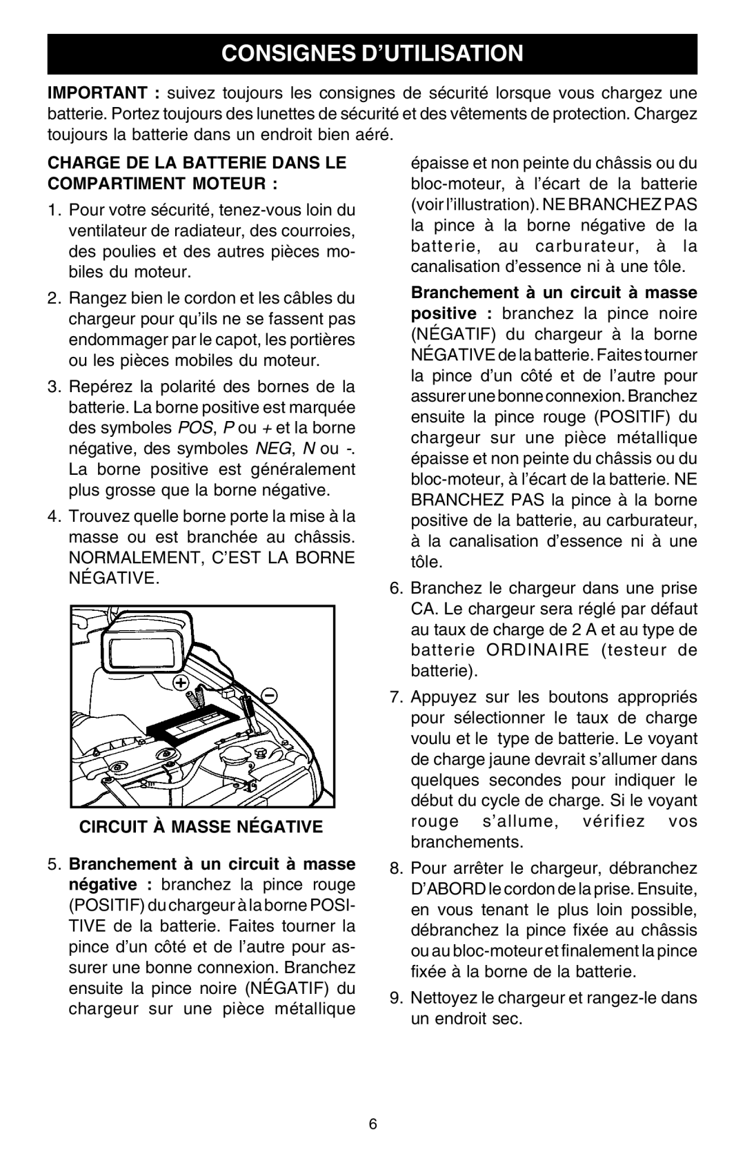 Schumacher SCF-6000A Consignes D’UTILISATION, Charge DE LA Batterie Dans LE Compartiment Moteur, Circuit À Masse Négative 