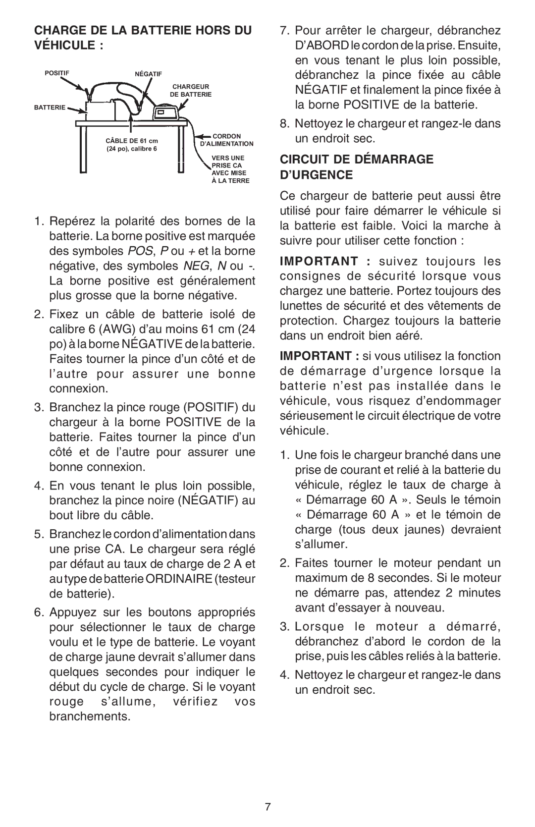 Schumacher SCF-6000A owner manual Charge DE LA Batterie Hors DU Véhicule, Circuit DE Démarrage ’URGENCE 