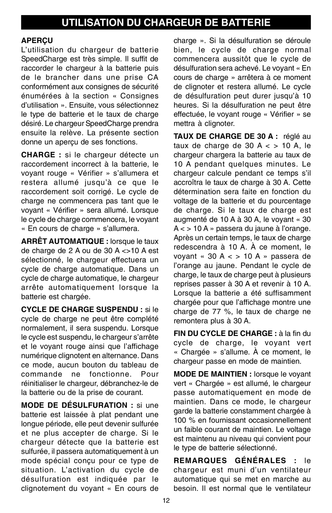 Schumacher SCF-6000A owner manual Utilisation DU Chargeur DE Batterie 