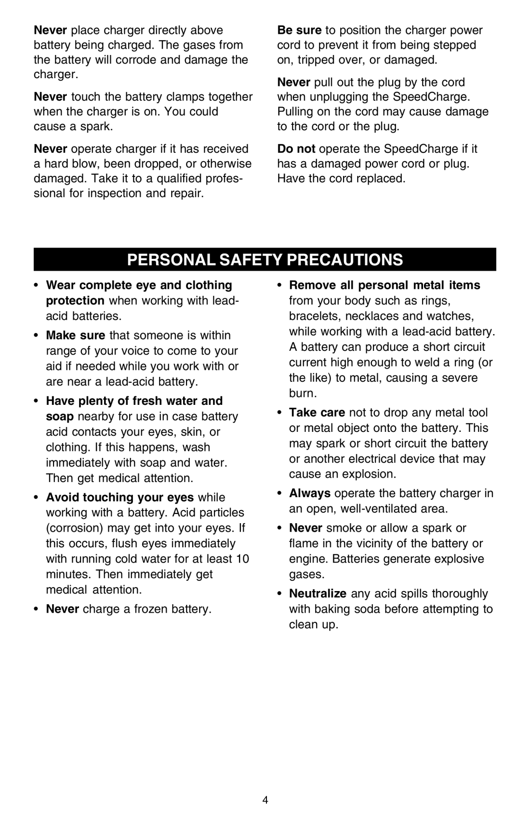 Schumacher SCF-6000A owner manual Personal Safety Precautions 