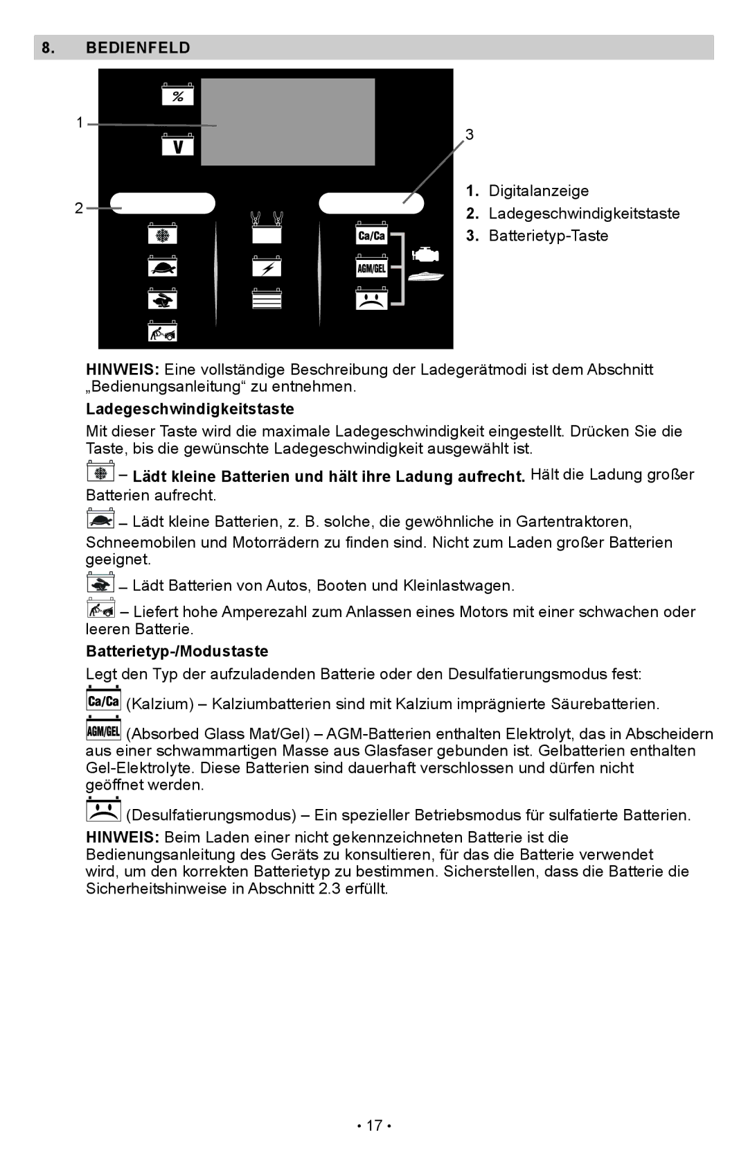 Schumacher SCI90 owner manual Bedienfeld, Ladegeschwindigkeitstaste, Batterietyp-/Modustaste 