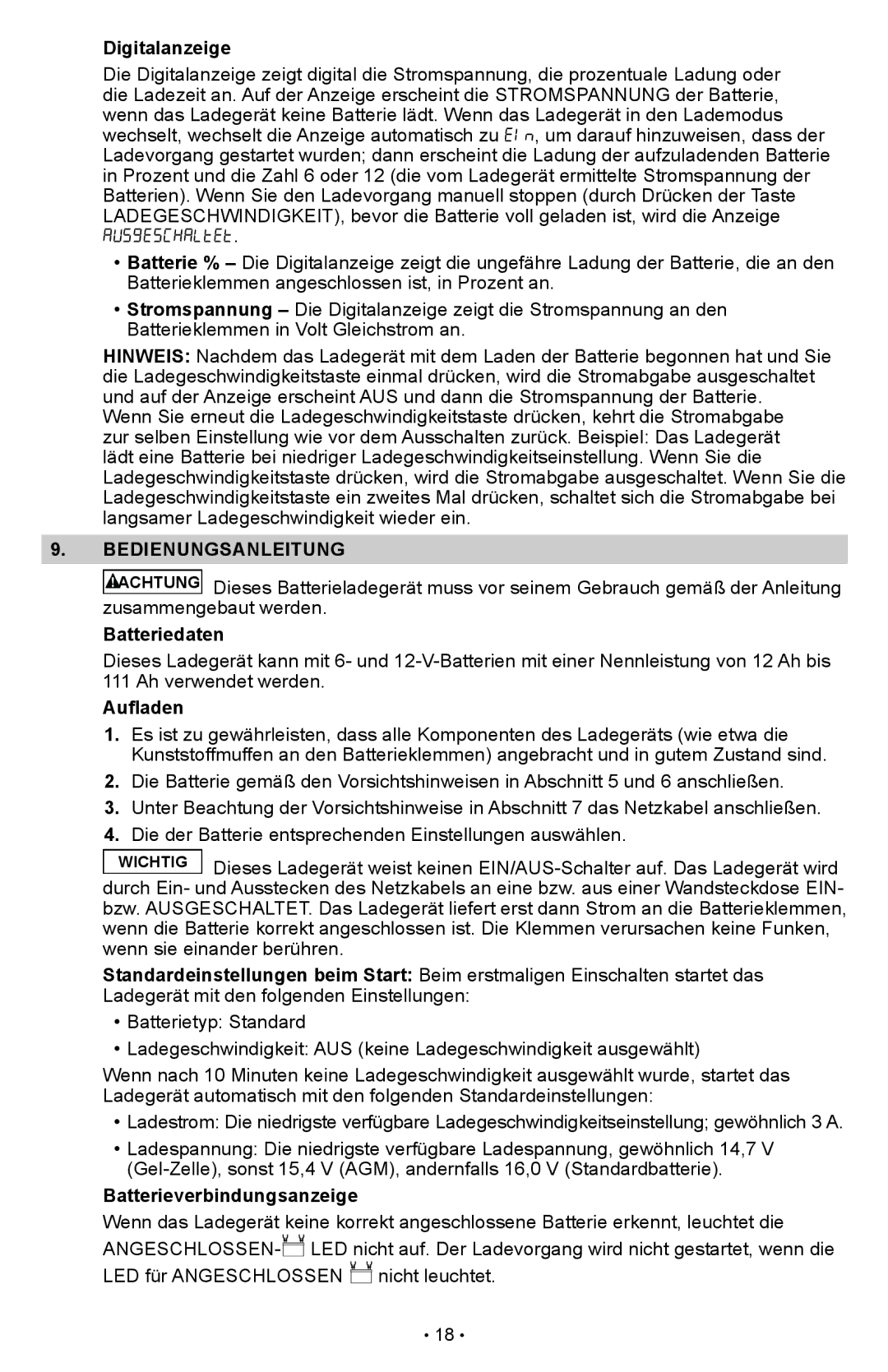 Schumacher SCI90 owner manual Digitalanzeige, Bedienungsanleitung, Batteriedaten, Aufladen, Batterieverbindungsanzeige 