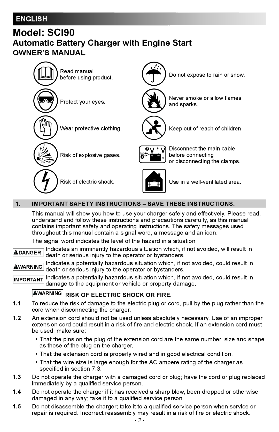 Schumacher owner manual Model SCI90, Important Safety Instructions Save These Instructions 