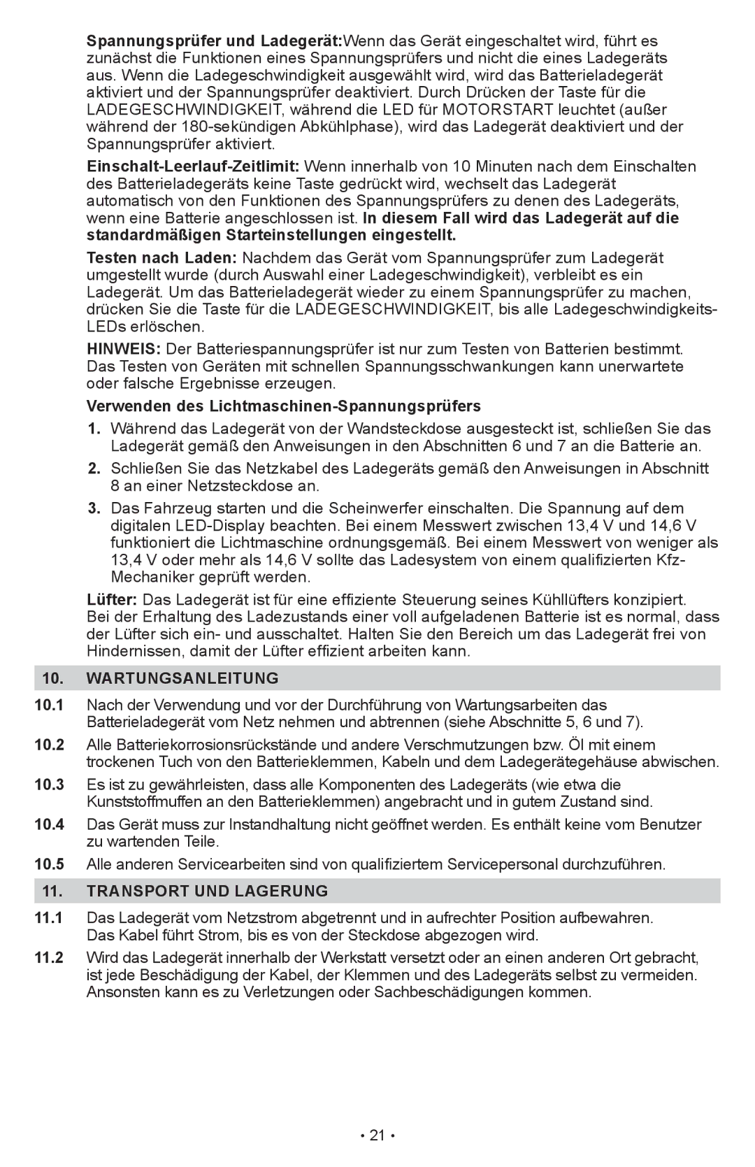 Schumacher SCI90 owner manual Verwenden des Lichtmaschinen-Spannungsprüfers, Wartungsanleitung, Transport UND Lagerung 