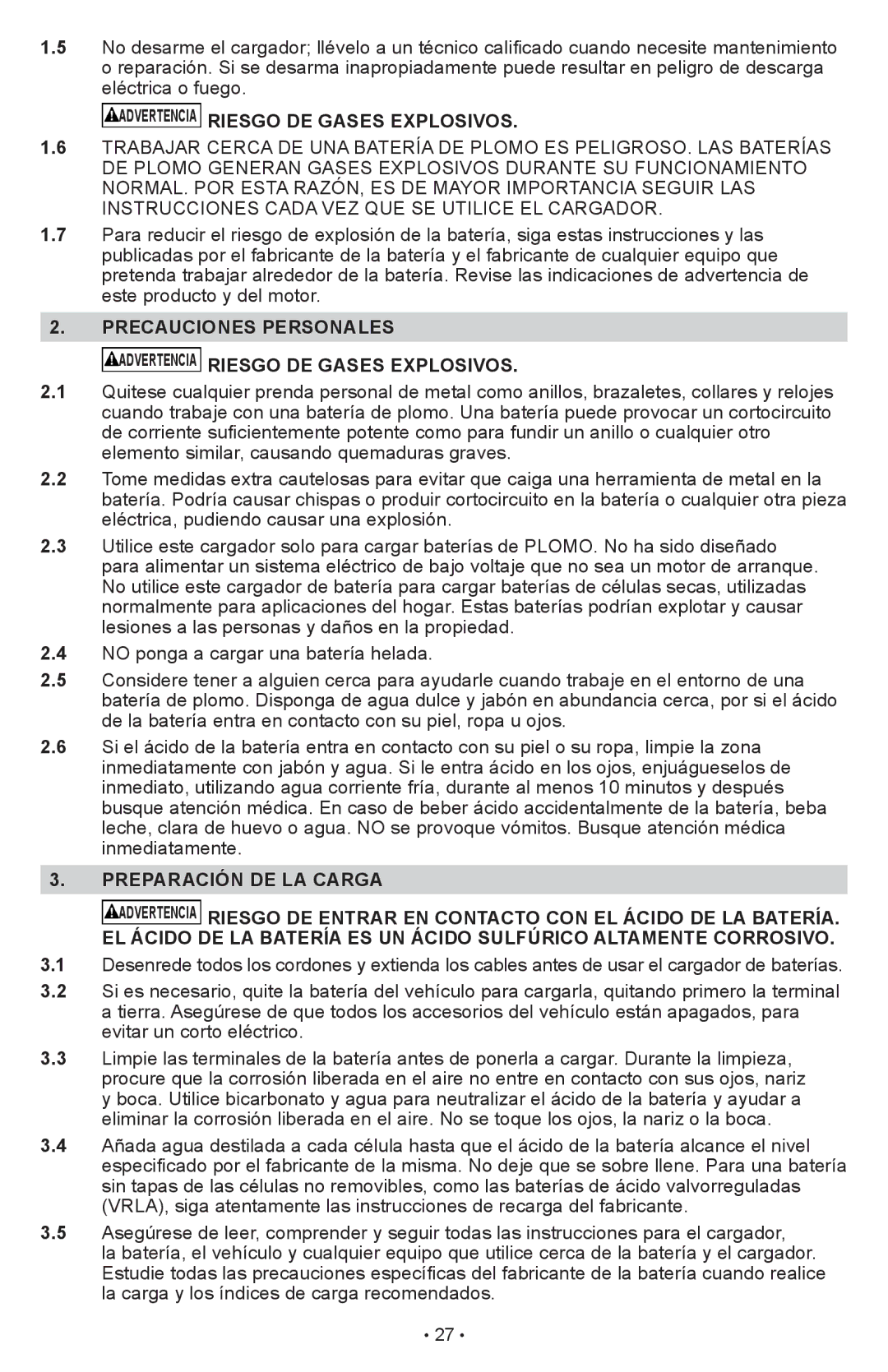 Schumacher SCI90 owner manual Advertencia Riesgo DE Gases Explosivos 