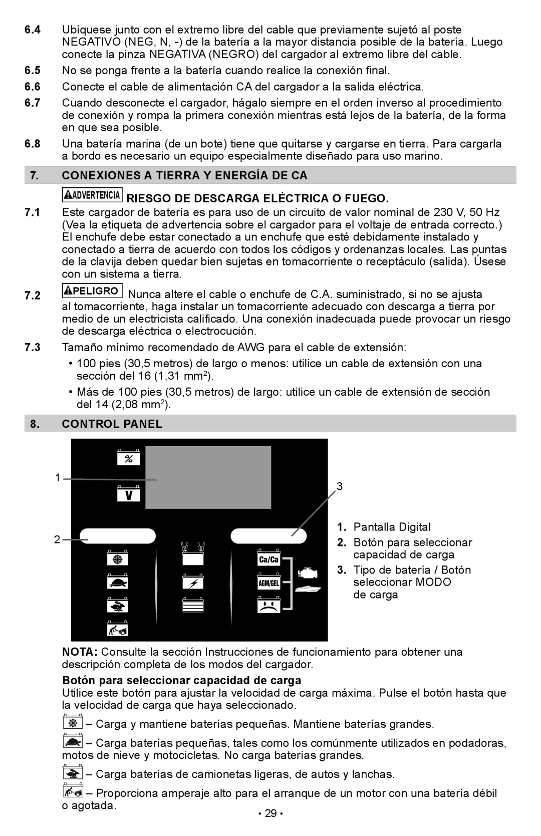 Schumacher SCI90 owner manual Control Panel, Botón para seleccionar capacidad de carga 