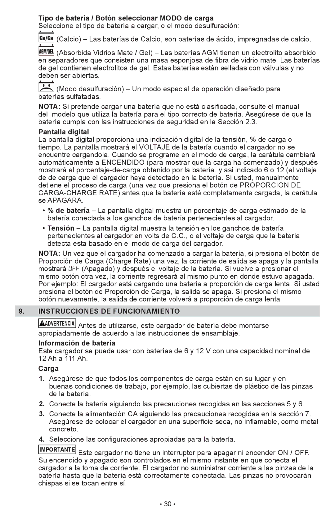 Schumacher SCI90 Tipo de batería / Botón seleccionar Modo de carga, Pantalla digital, Instrucciones DE Funcionamiento 